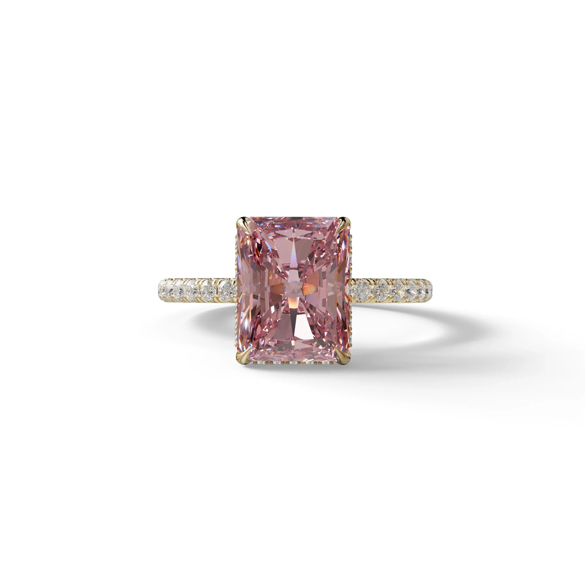 3 Ct Radiant Cut Pink Color Lab Diamond Ring - Monica - 10K Solid Gold / Yellow Gold