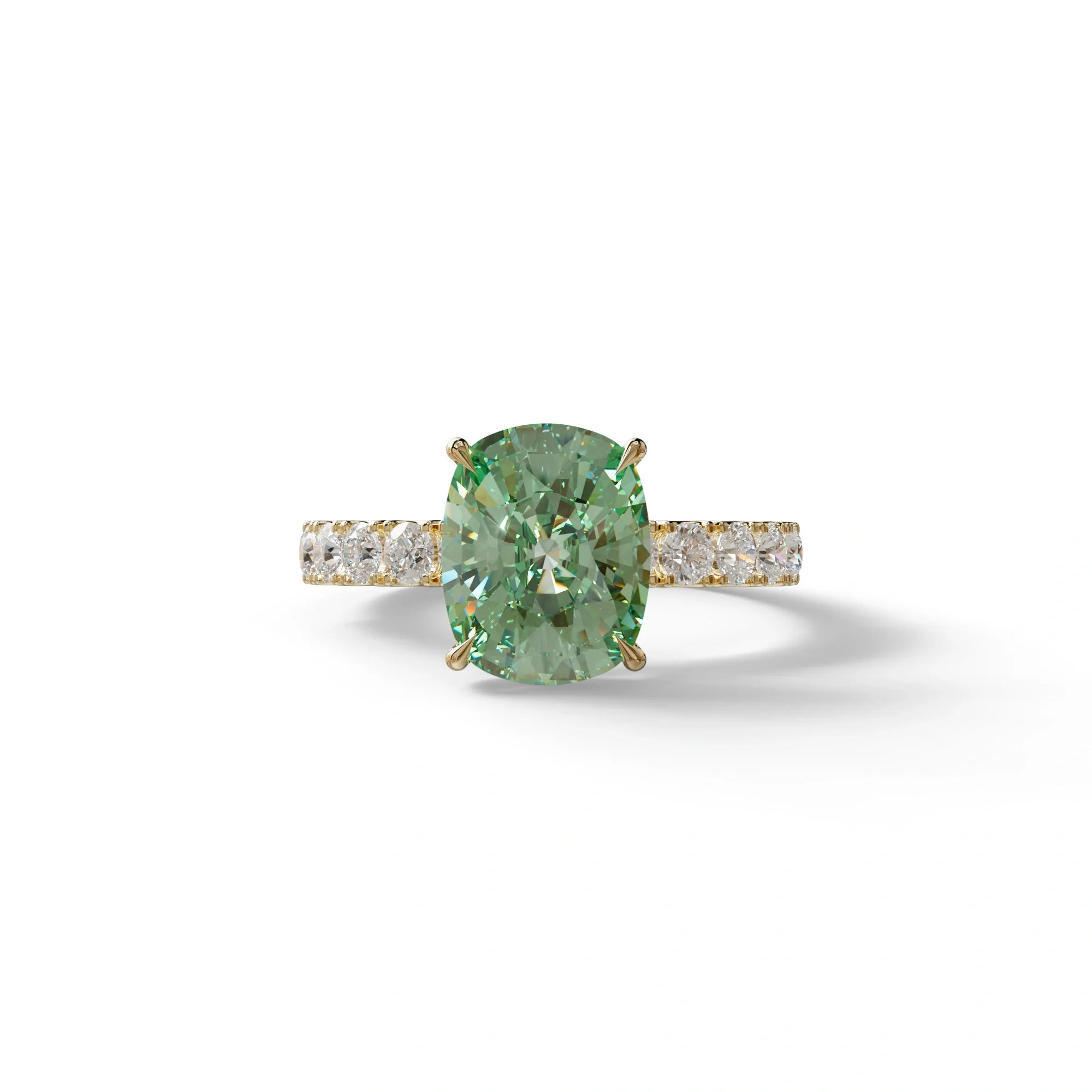 4 Carat Green Cushion Cut Hidden Halo Eternity Lab Diamond Engagement Ring - Sandrine - 10K Solid Gold / Yellow Gold
