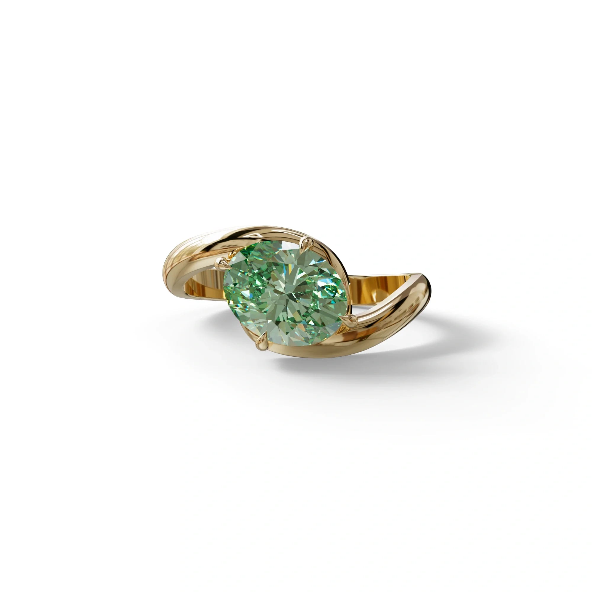 2 Carat Fancy Vivid Green Oval Cut Lab Diamond Ring - Estella - 10K Solid Gold / Yellow Gold