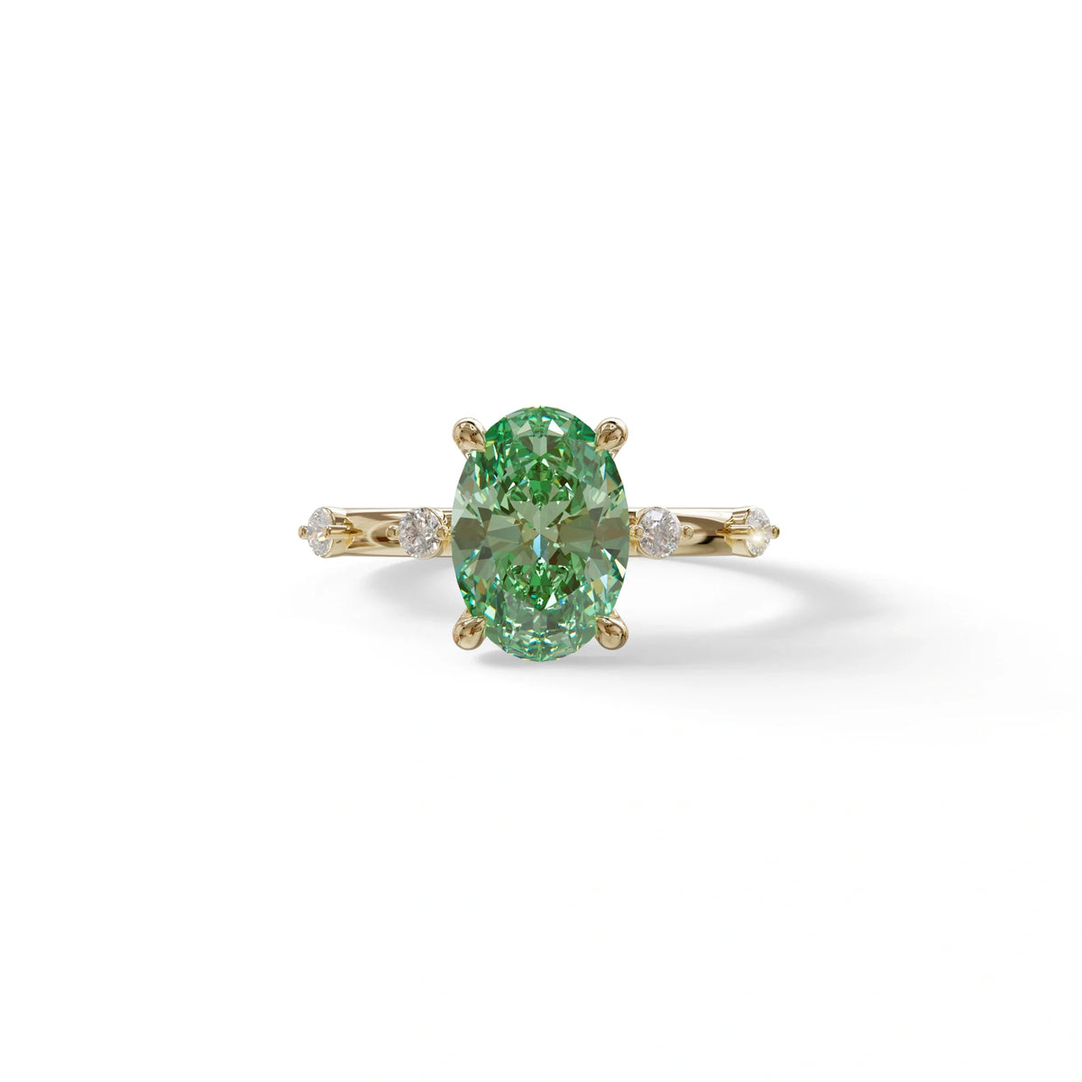 2 Ct Green Oval Cut Lab Diamond In Space-Chanel Setting Ring - Celestial - 10K Solid Gold / Yellow Gold