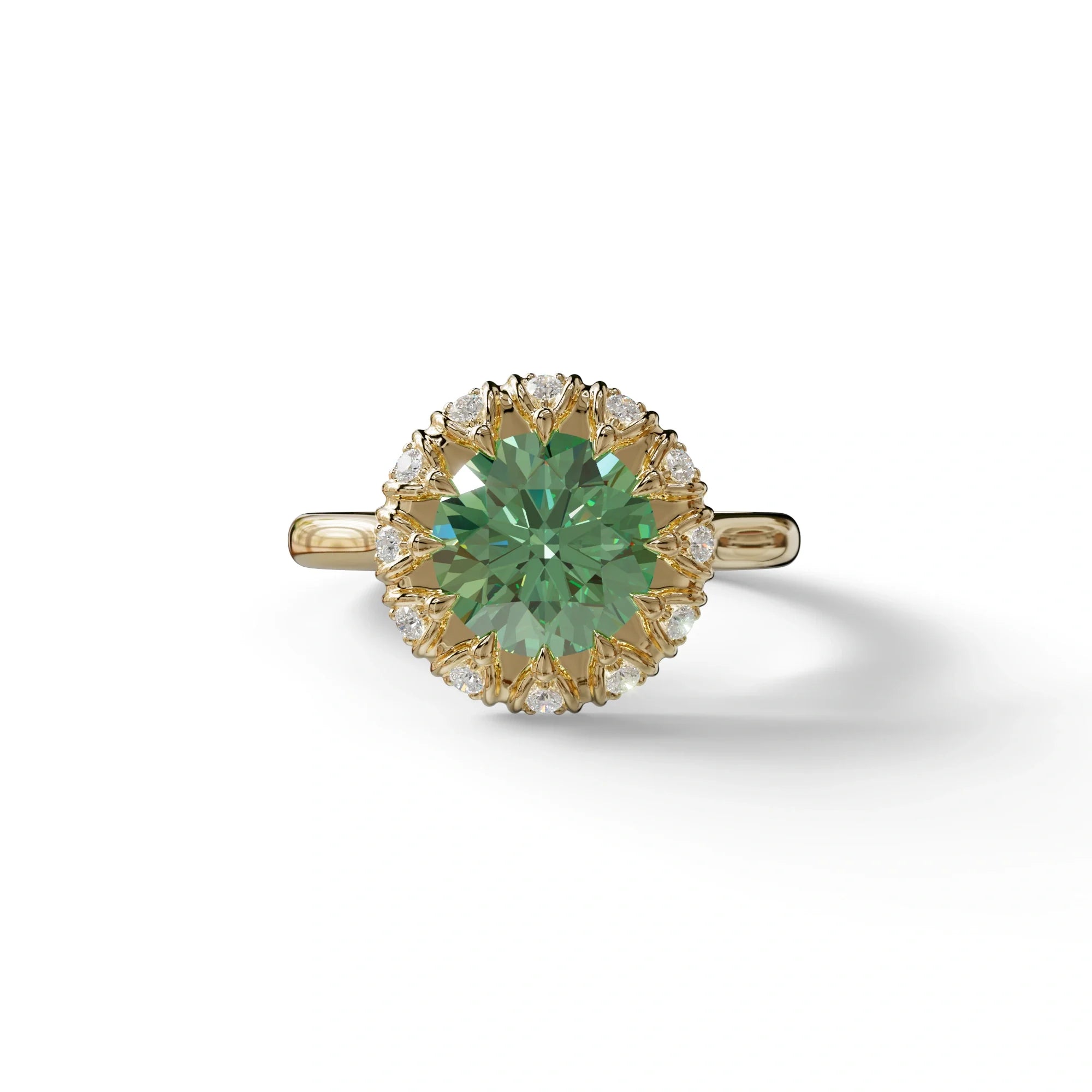 3 Carat Green Round Shaped Halo Lab Diamond Ring - Sunflower - 10K Solid Gold / Yellow Gold