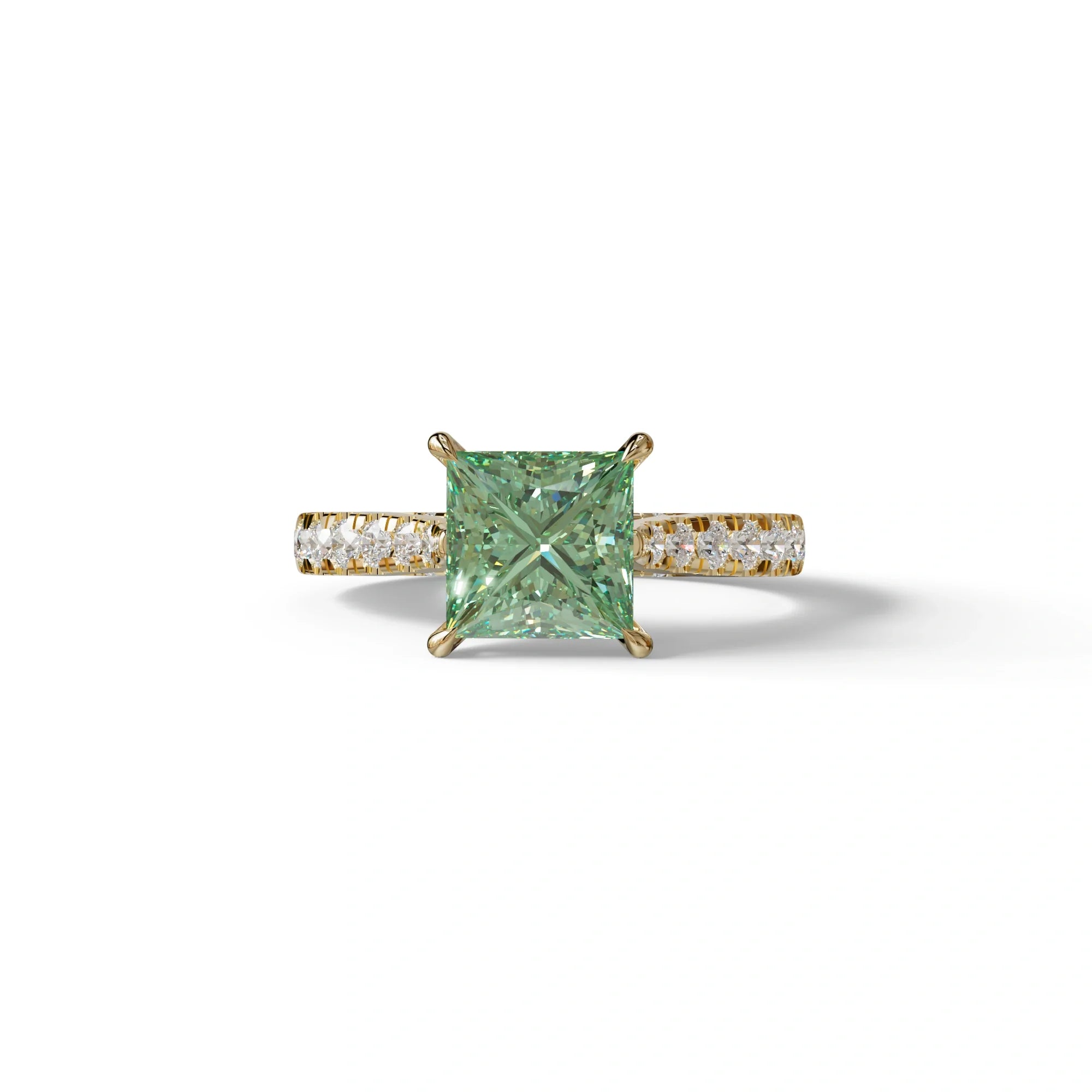 2.5 Carat Green Princess Cut Hidden Halo & Pave Lab Diamond Ring - Aries - 10K Solid Gold / Yellow Gold