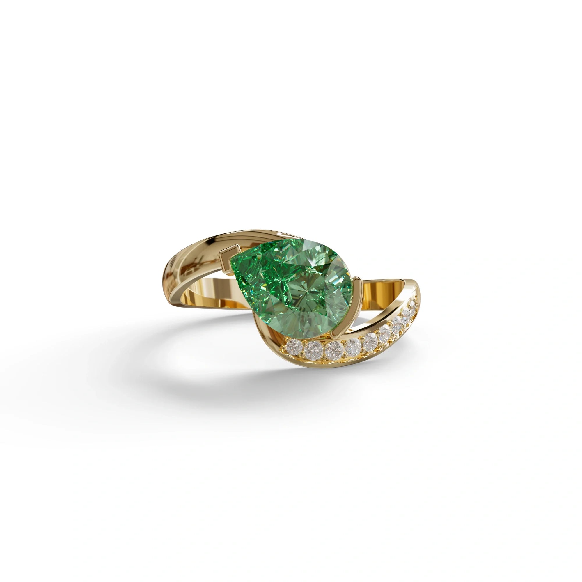 1 Carat Green Pear Cut Unique Lab Grown Diamond Ring - Capricorn - 10K Solid Gold / Yellow Gold