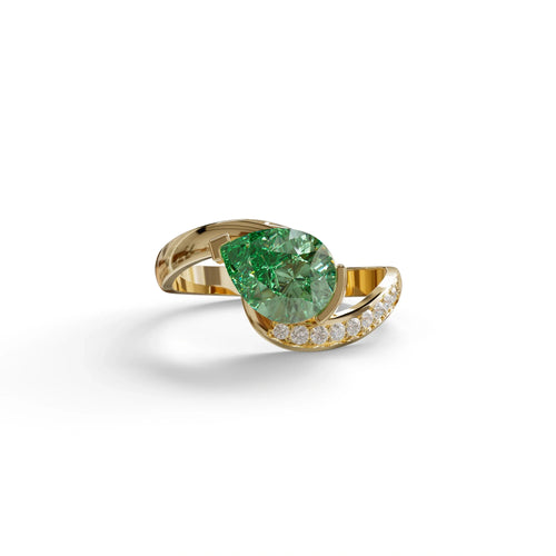1 Carat Green Pear Cut Unique Lab Grown Diamond Ring - Capricorn - 10K Solid Gold / Yellow Gold