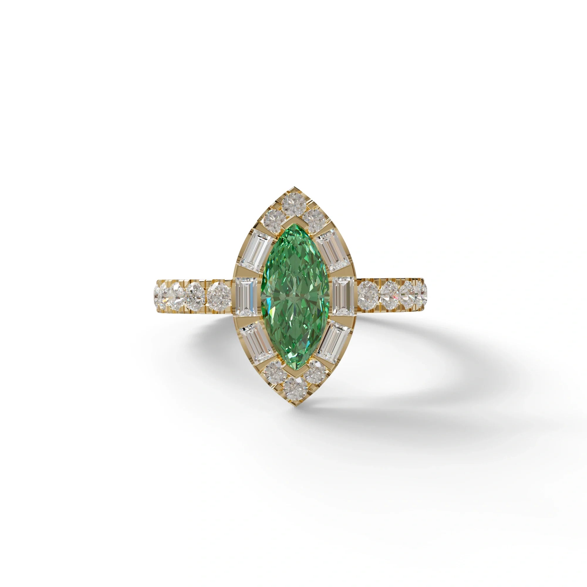 1 Carat Green Marquise Halo Pave Lab Grown Diamond Ring - Luxe - 10K Solid Gold / Yellow Gold