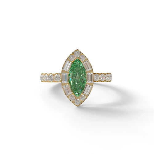 1 Carat Green Marquise Halo Pave Lab Grown Diamond Ring - Luxe - 10K Solid Gold / Yellow Gold