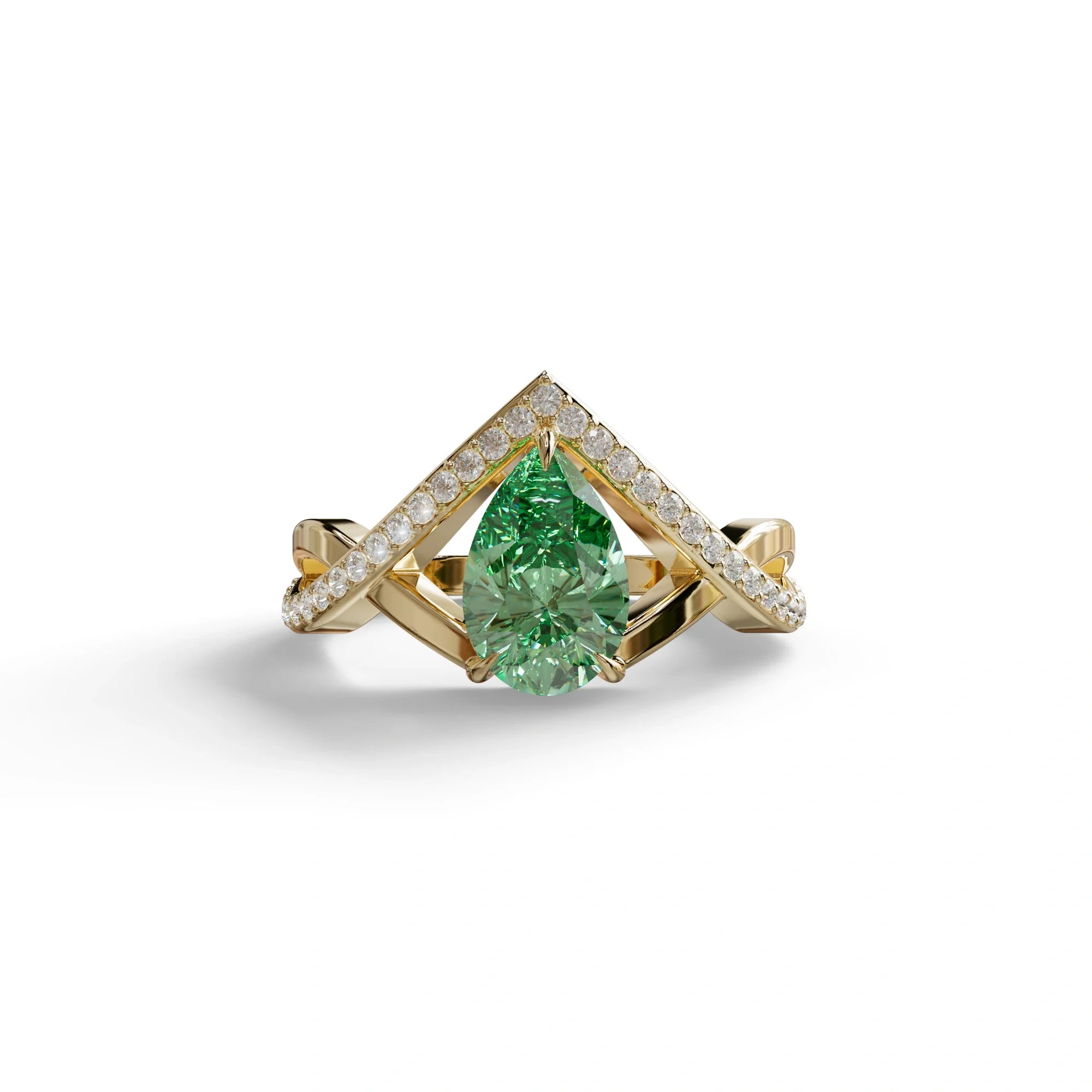 2 Carat Green Pear Cut Tear Drop Lab Diamond Ring - Glamly - 10K Solid Gold / Yellow Gold
