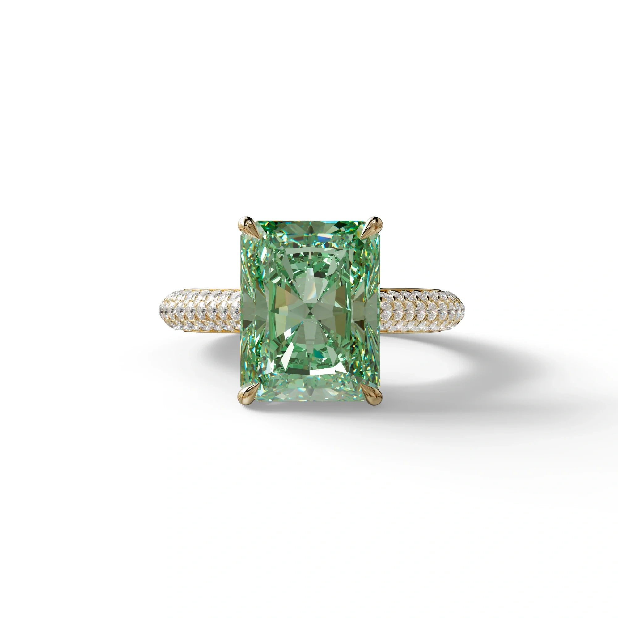 3 Carat Green Radiant Cut Hidden Halo & Pave Set Lab Diamond Ring - Riviera - 10K Solid Gold / Yellow Gold