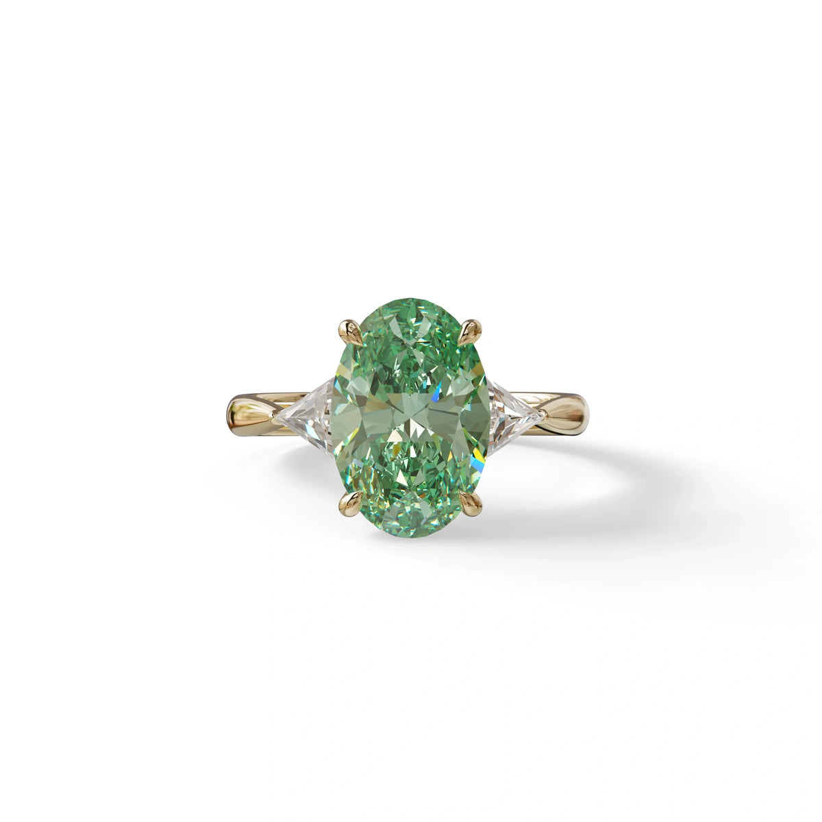 3Ct Green Oval Cut Lab Grown Diamond Three Stone Engagement Ring - Myza - 10K Solid Gold / Yellow Gold