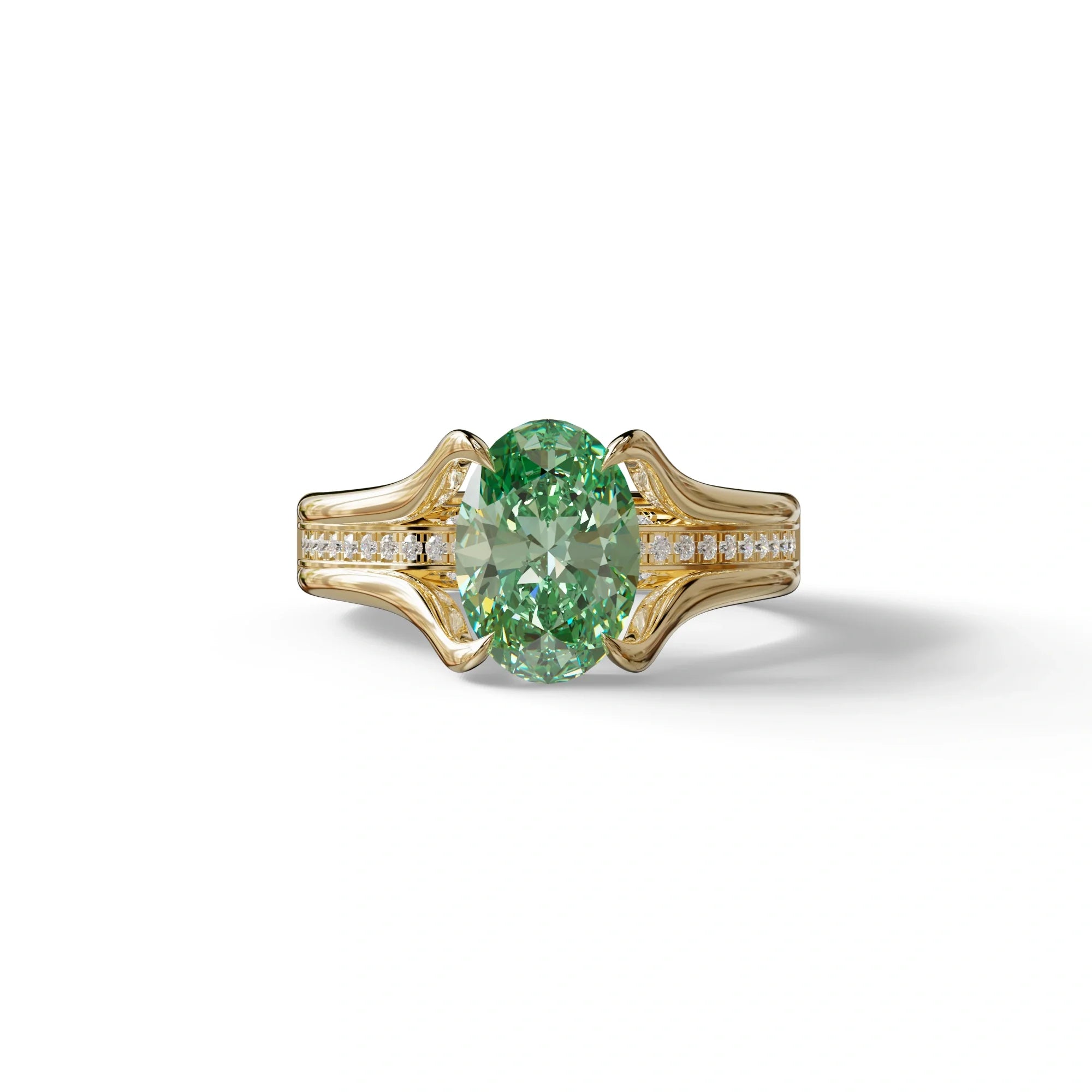 3 carat Fancy Vivid Green Oval Cut Lab Grown Diamond Pave set Engagement Ring– Beverly - 10K Solid Gold / Yellow Gold