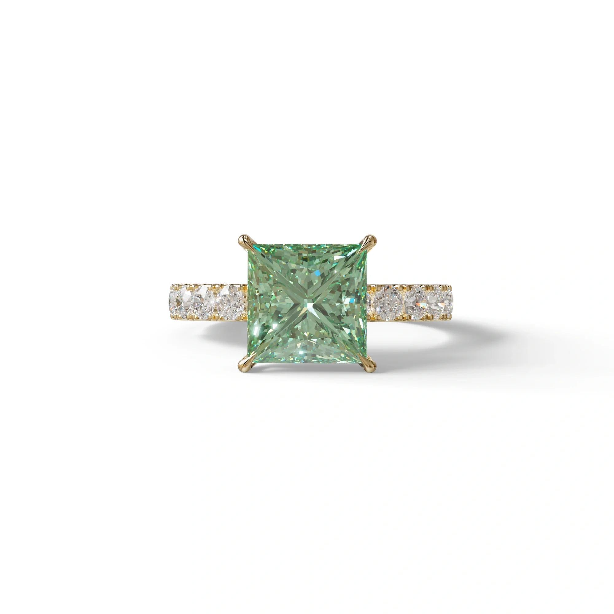 3 Carat Green Princess Cut Pave Lab Created Diamond Ring - Elysia - 10K Solid Gold / Yellow Gold