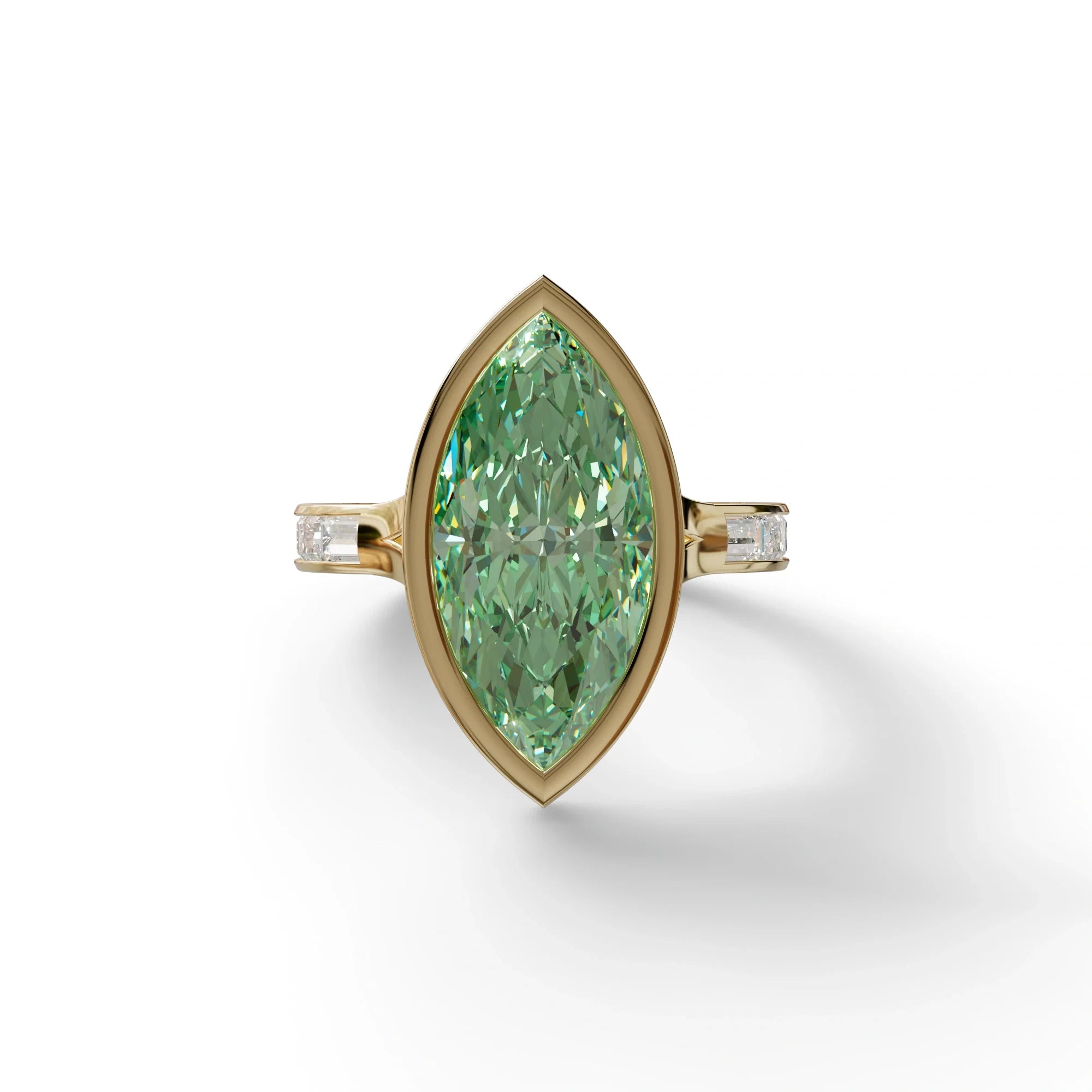 3 Ct Marquise Cut Green Color Lab Diamond Ring With Bezel Set - Kayla - 10K Solid Gold / Yellow Gold