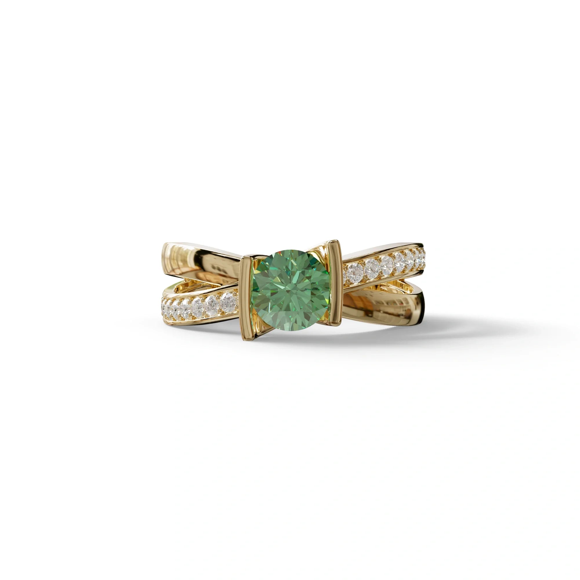 1 Carat Green Round Cut Lab Diamond Crossover Ring Pave Setting - Lisa - 10K Solid Gold / Yellow Gold