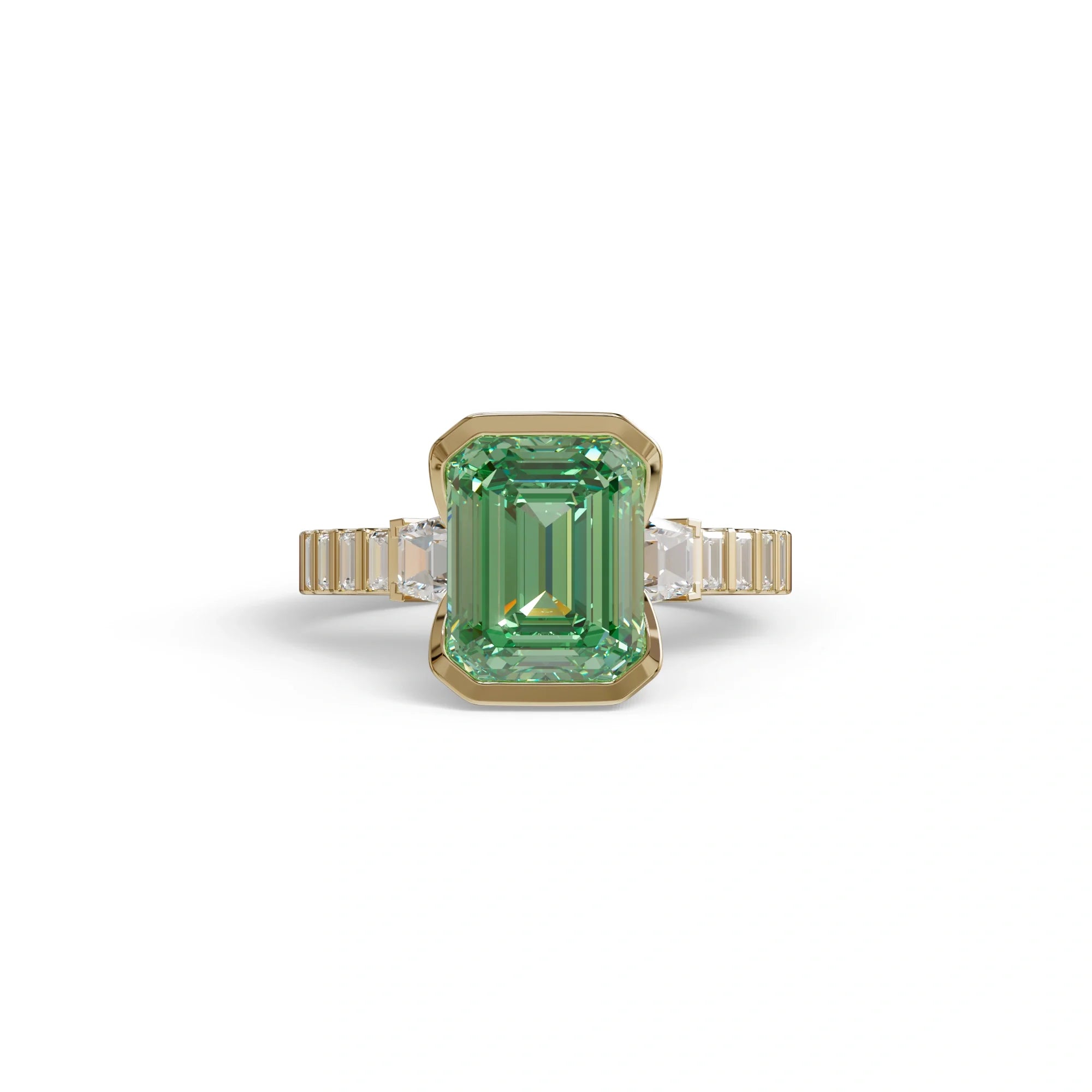3 Carat Green Color Emerald Cut Three Stone Lab Diamond Engagement Ring | Bezel Set Ring - Gatsby - 10K Solid Gold