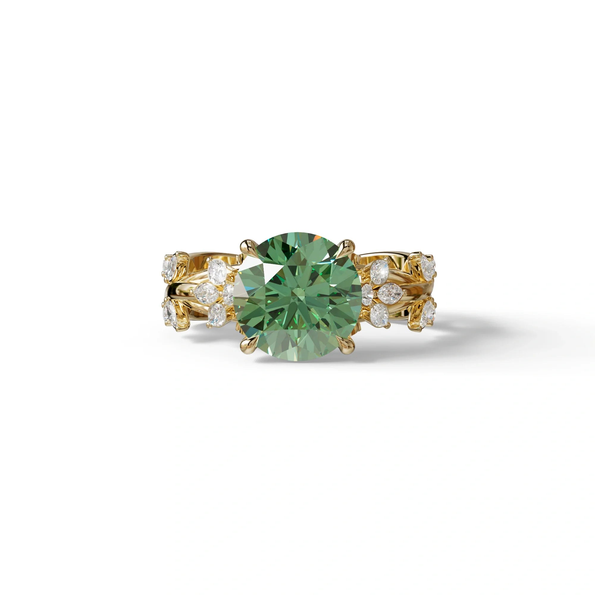 Natural inspired 3 Carat Green Round Cut Lab Diamond Engagement Ring - Catalina - 10K Solid Gold / Yellow Gold