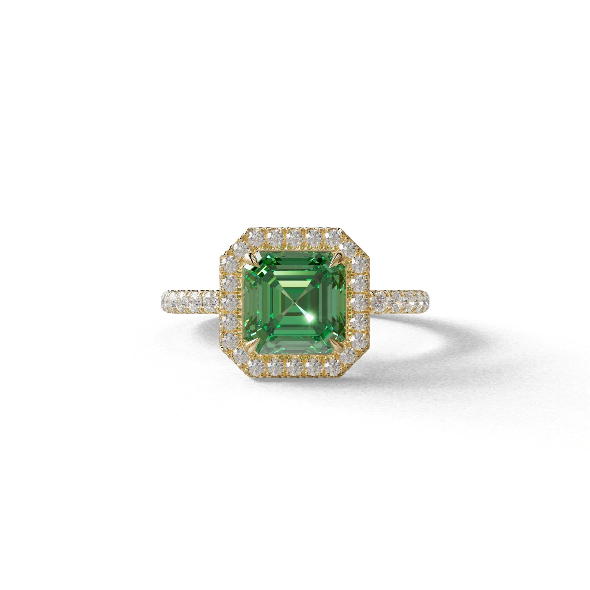 3.5 Ct Green Asscher Cut Lab Diamond In Halo & Pave Setting Ring - Up Glam - 10K Solid Gold / Yellow Gold