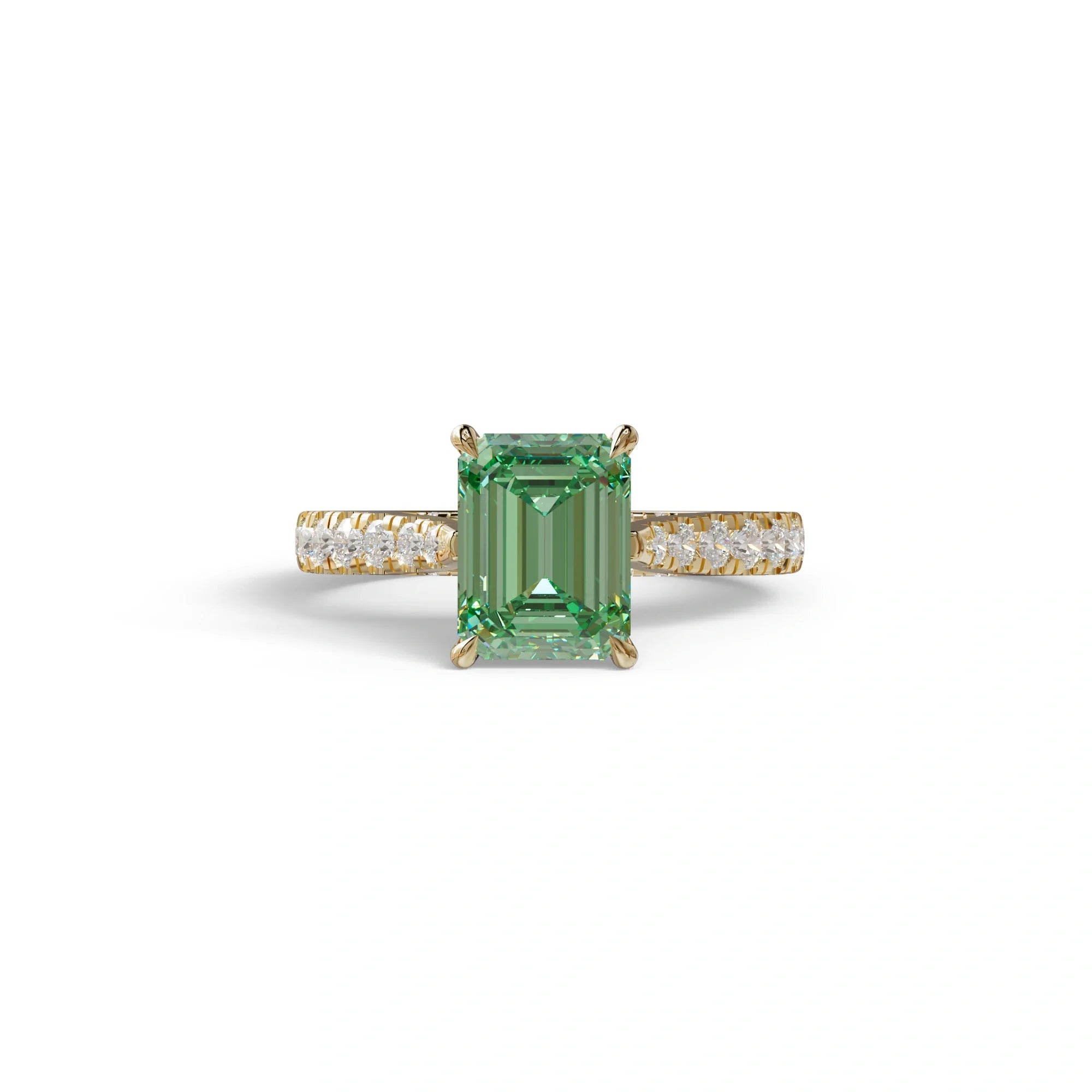 2 Carat Green Emerald Cut Hidden Halo & Pave Lab Diamond Ring - Siara - 10K Solid Gold / Yellow Gold