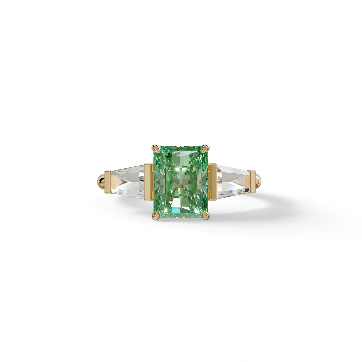 3Ct Green Radiant & Tapered Cut Lab Grown Diamond Three Stone Engagement Ring - Yana - 10K Solid Gold / Yellow Gold