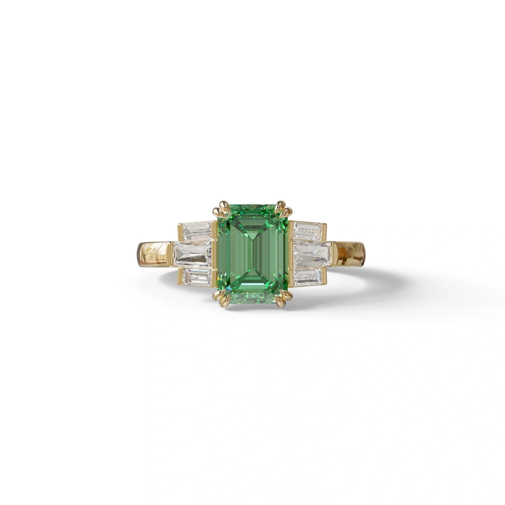 3 Carat Emerald Cut Green Lab Grown Diamond Multi Stone Ring Ring - Leela - 10K Solid Gold / Yellow Gold