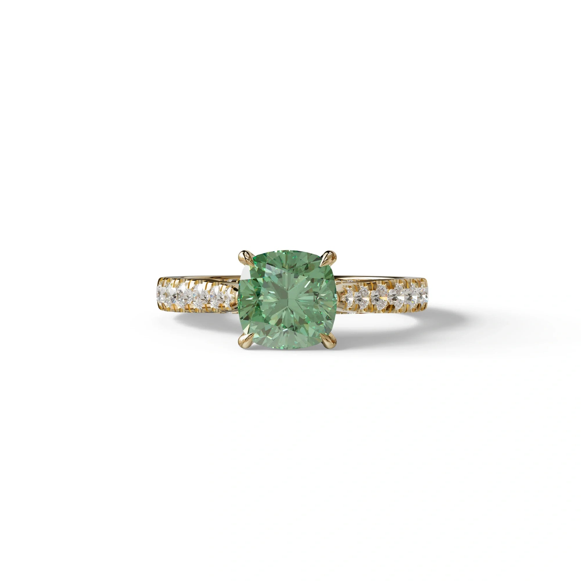 2 Carat Green Color Cushion Cut Lab Diamond Engagement Ring set - Leo - 10K Solid Gold / Yellow Gold
