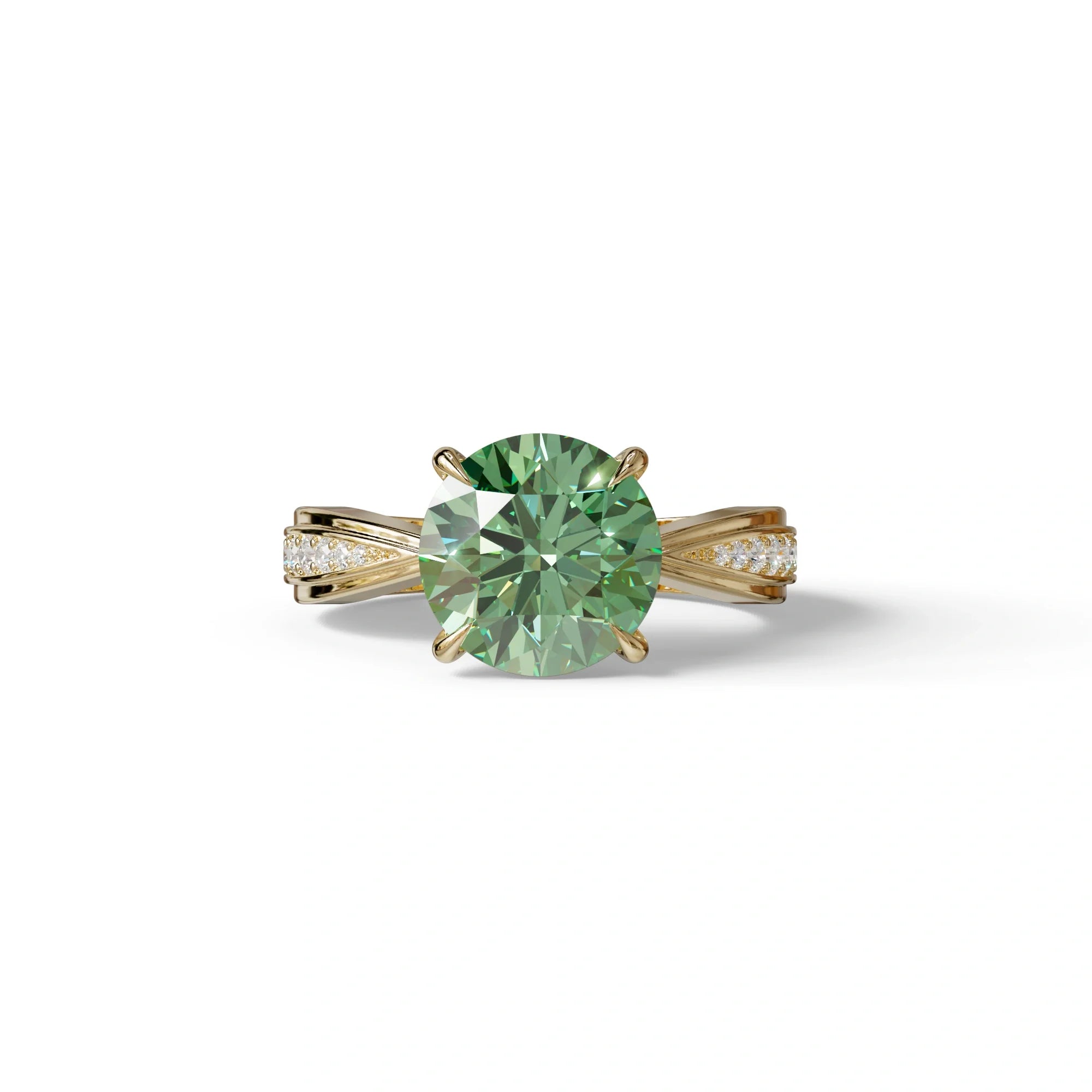 2.5 Carat Green Round Shaped Lab Diamond Ring V-Shank Pave Setting -Je t’adore - 10K Solid Gold / Yellow Gold