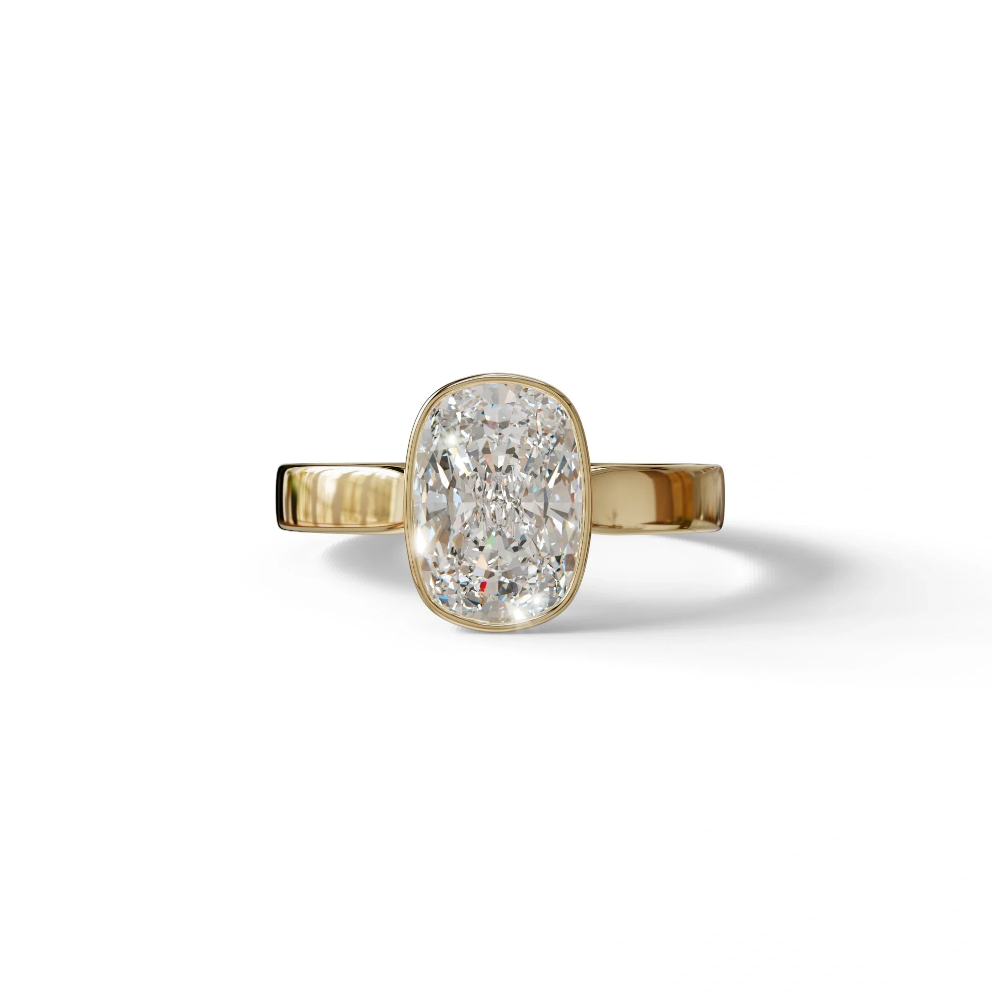 3 Carat E VVS Elongated Cushion Cut Bezel Set Engagement Ring - Astrae - 10K Solid Gold / Yellow Gold