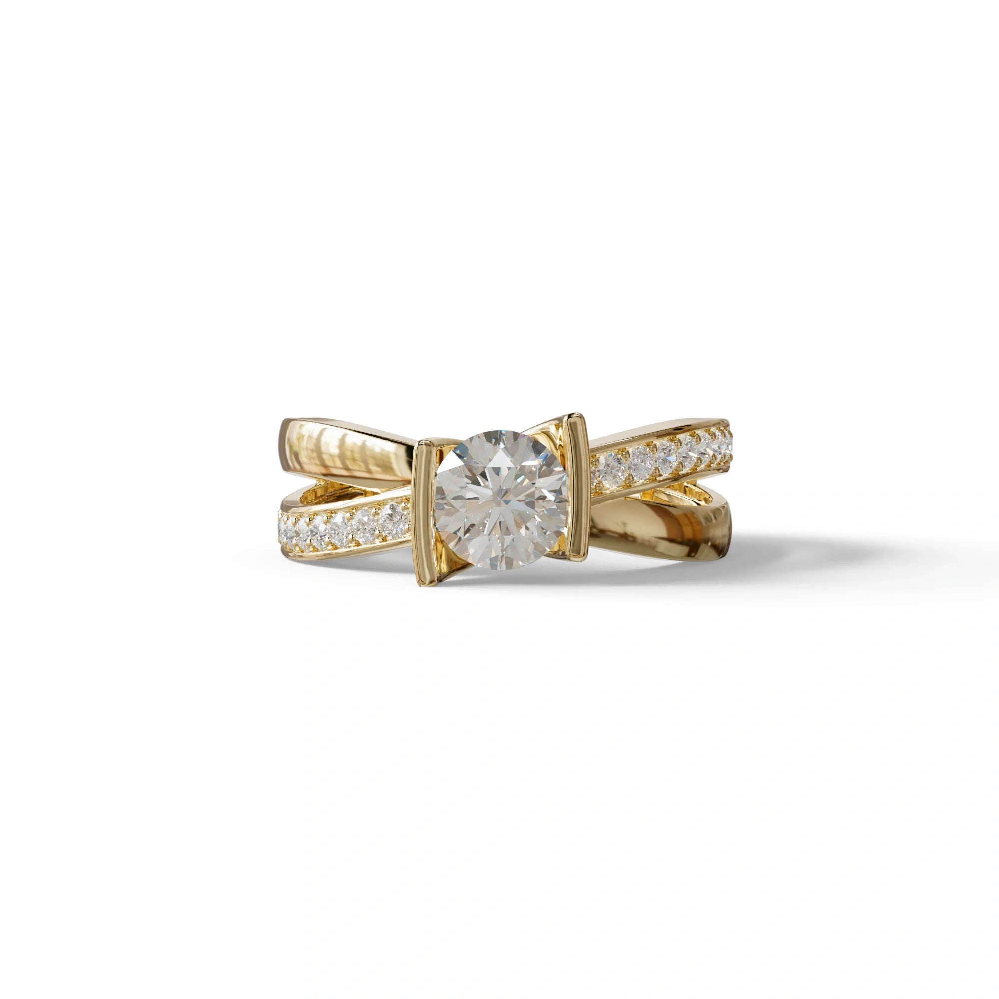 1 Carat E VVS Round Cut Lab Diamond Crossover Ring Pave Setting - Lisa - 10K Solid Gold / Yellow Gold