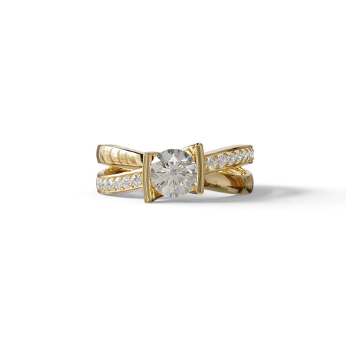 1 Carat E VVS Round Cut Lab Diamond Crossover Ring Pave Setting - Lisa - 10K Solid Gold / Yellow Gold