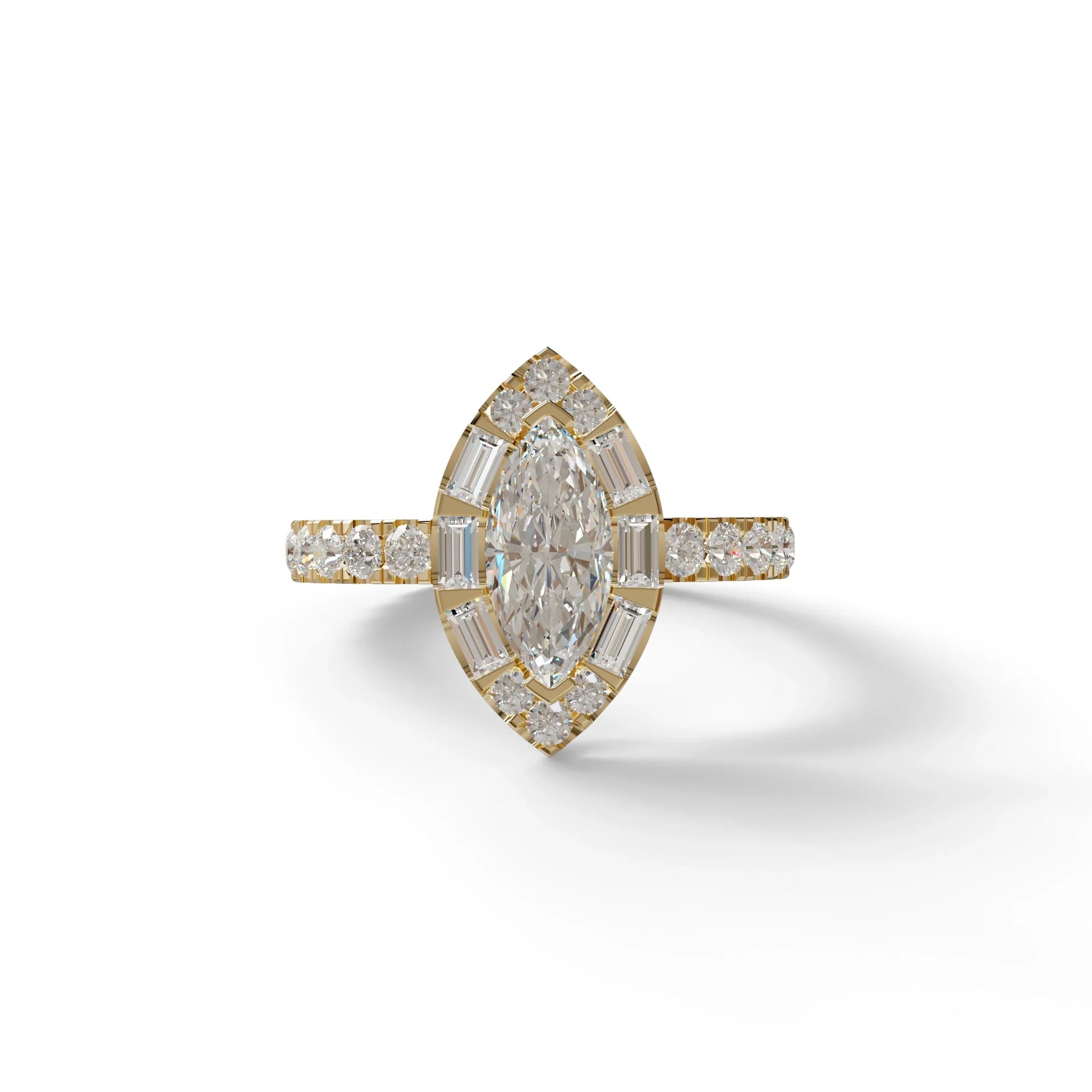 1 Carat E-VVS Marquise Halo Pave Lab Grown Diamond Ring - Luxe - 10K Solid Gold / Yellow Gold