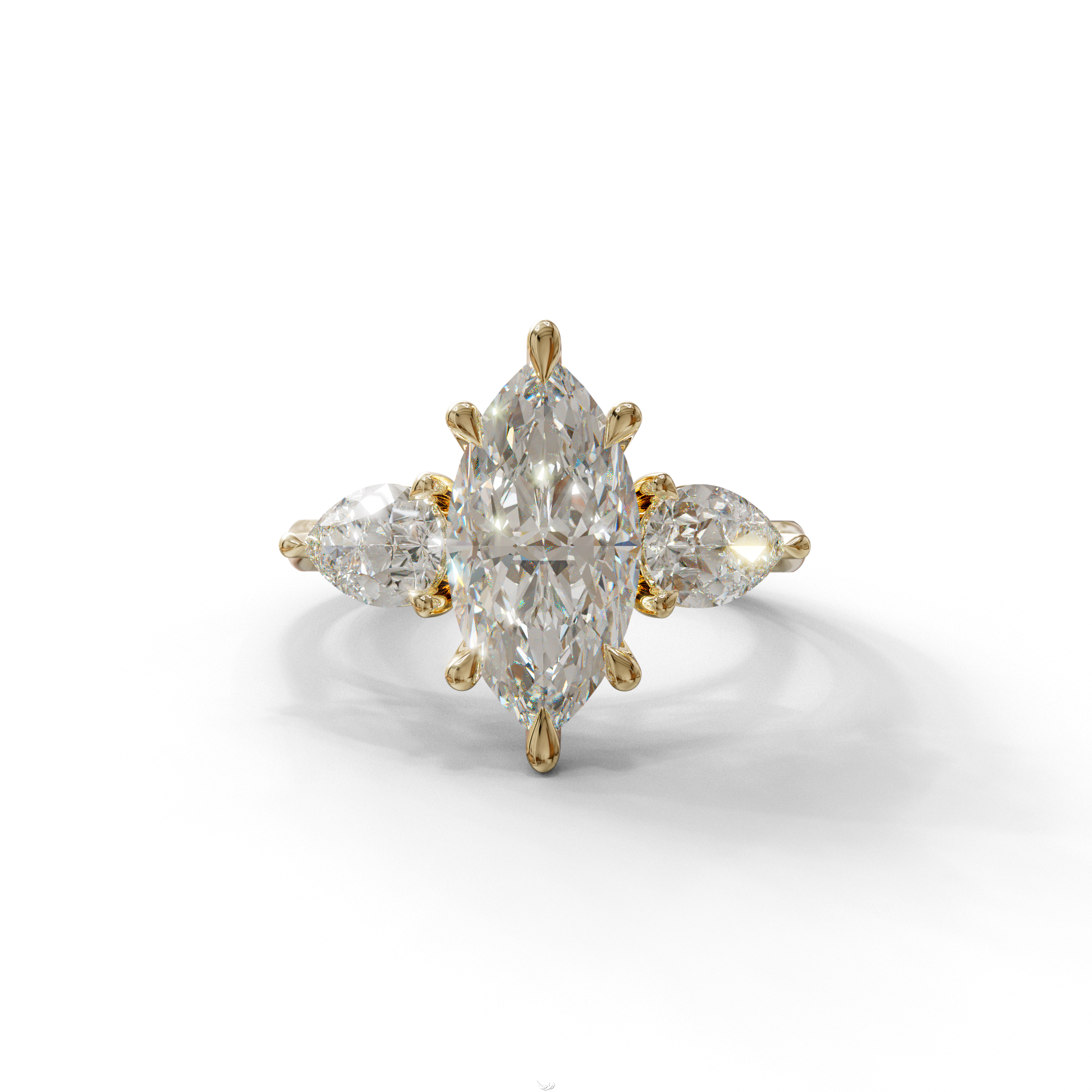 3 Carat E/VVS Marquise & Pear Cut Three Stone Lab Grown Diamond Engagement Ring - 10K Solid Gold / Yellow Gold