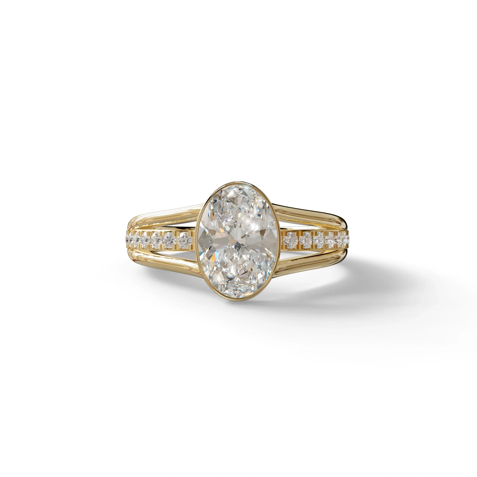 3 Carat Oval Bezel Setting lab grown Diamond Engagement Ring - Prisma - 10K Solid Gold / Yellow Gold