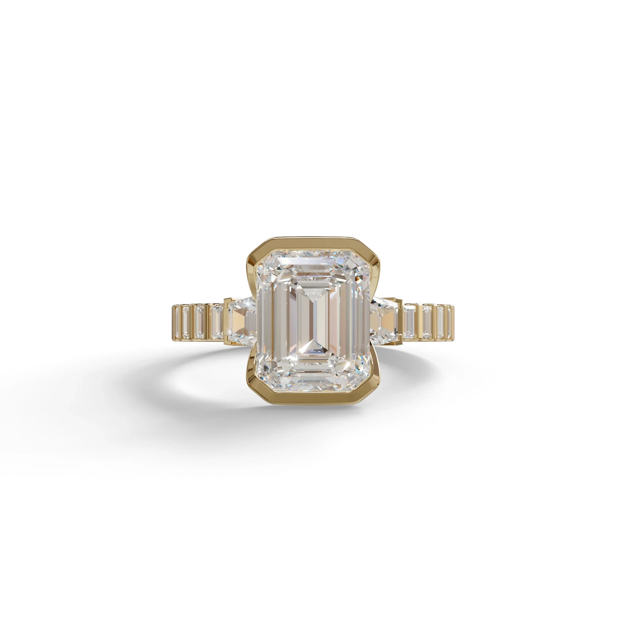3 Carat Emerald Cut Lab Diamond Engagement Ring | Half Bezel set- Gatsby - 10K Solid Gold / Yellow Gold