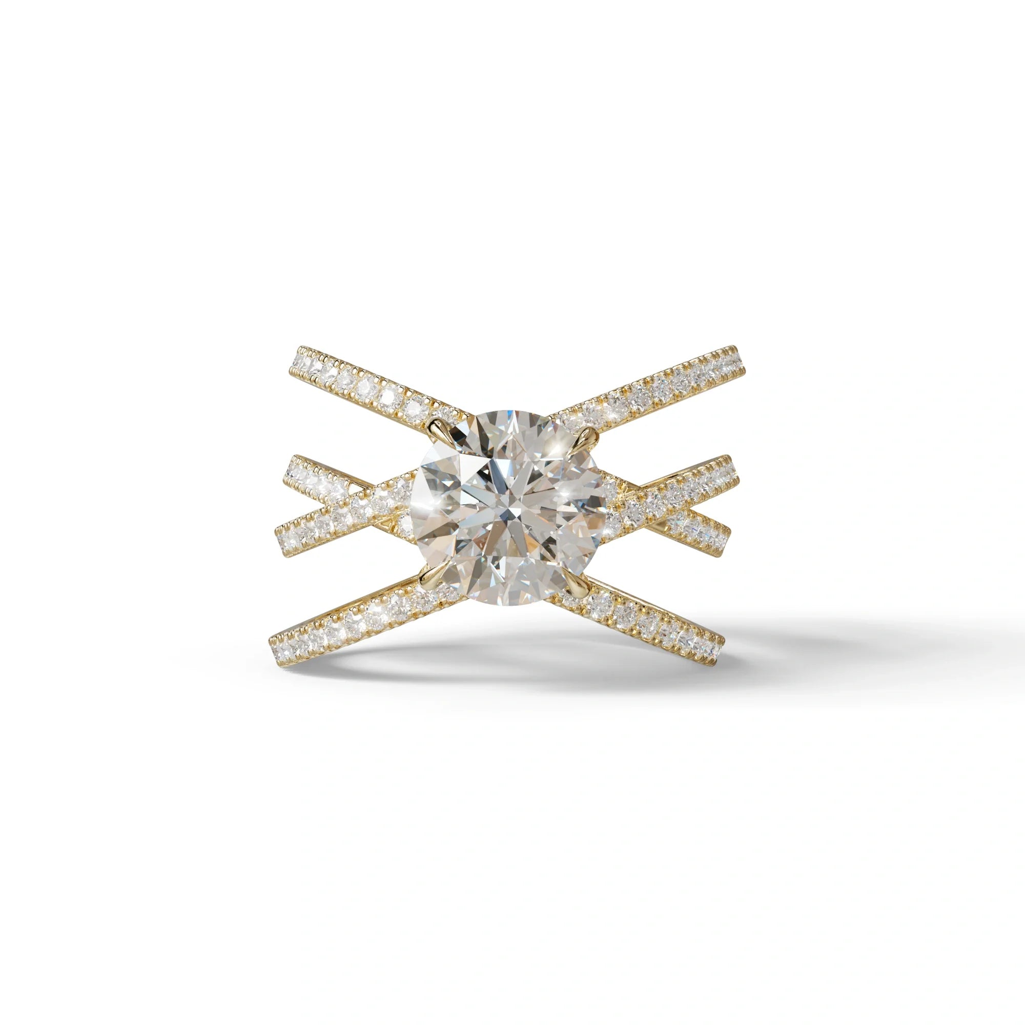 1.5 Carat Round Cut Criss Cross Lab Diamond Ring - Elegant - 10K Solid Gold / Yellow Gold