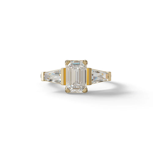 1.50 Carat E VVS Emerald With Tapered Cut Lab Grown Diamond Ring - Libra - 10K Solid Gold / Yellow Gold