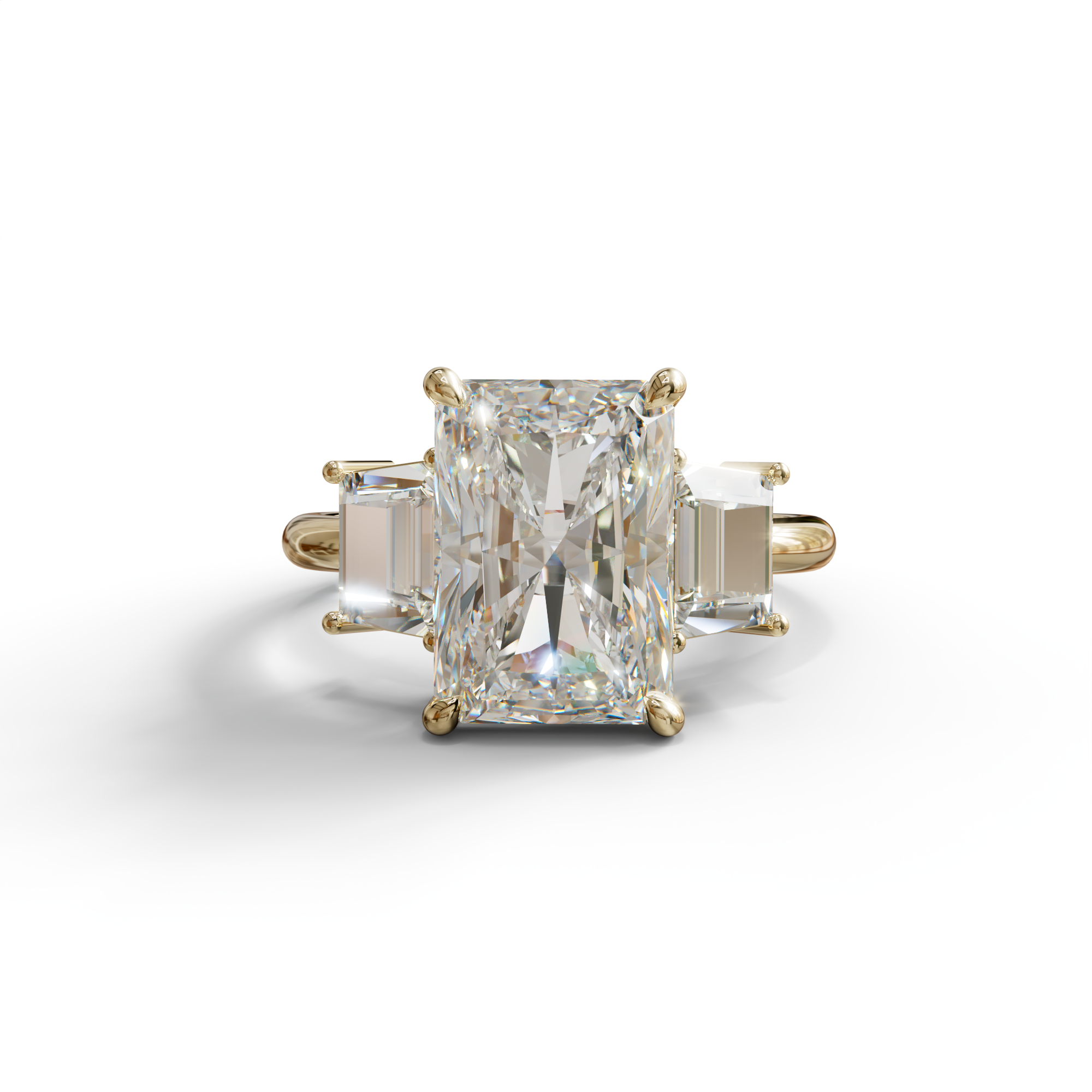 4 Carat Radiant & Trapezoid Three Stone Engagement Ring - Embrace - 10K Solid Gold / Yellow Gold
