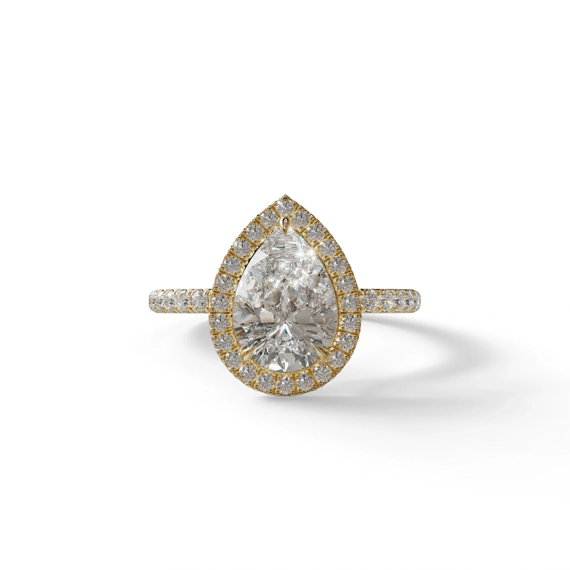 E VVS 2 Carat Pear Cut Halo & Pave Lab Diamond Ring - Glam Deck - 10K Solid Gold / Yellow Gold