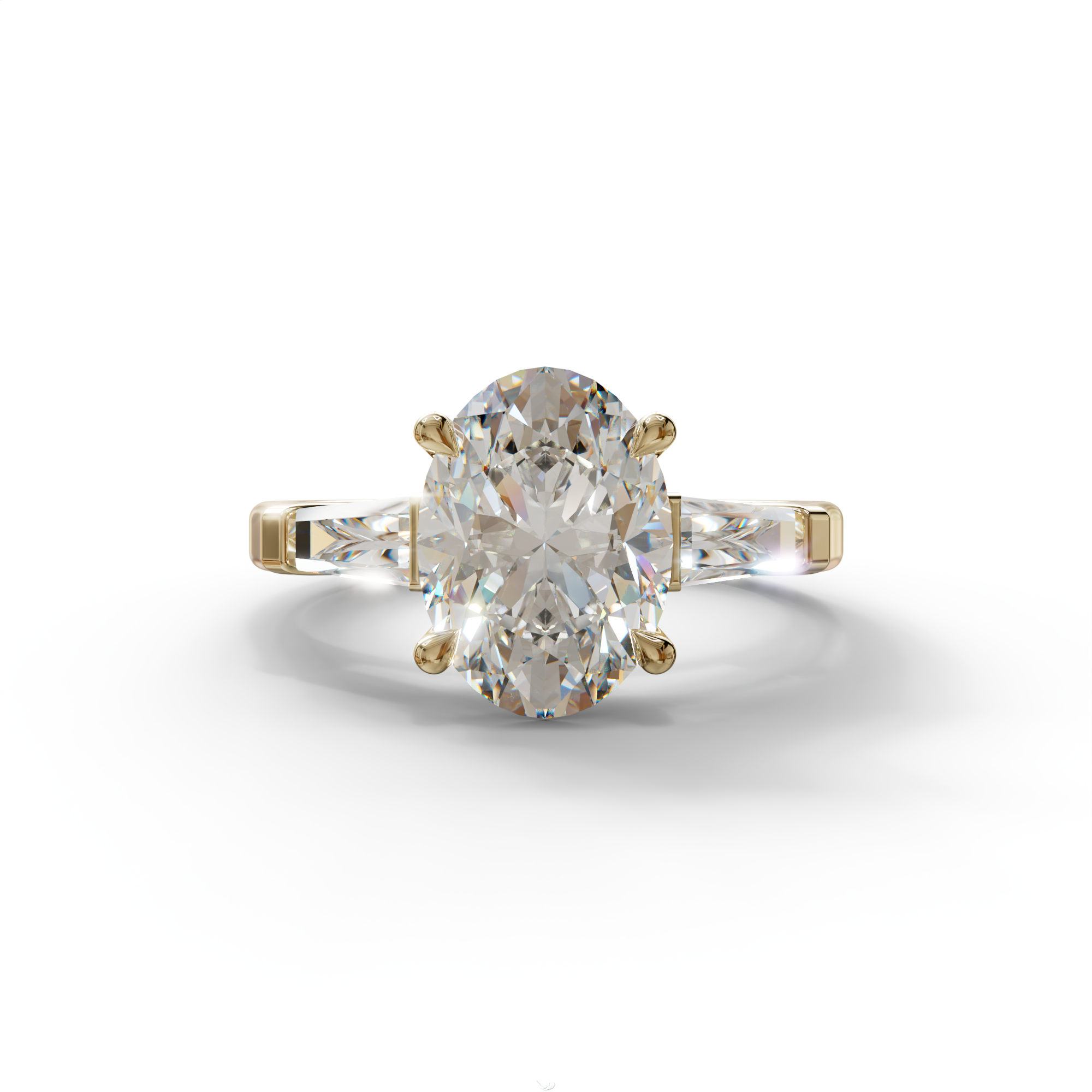3.75 Carat E/VVS Oval & Tapered Baguette Lab Grown Diamond Three Stone Engagement Ring - 10K Solid Gold / Yellow Gold