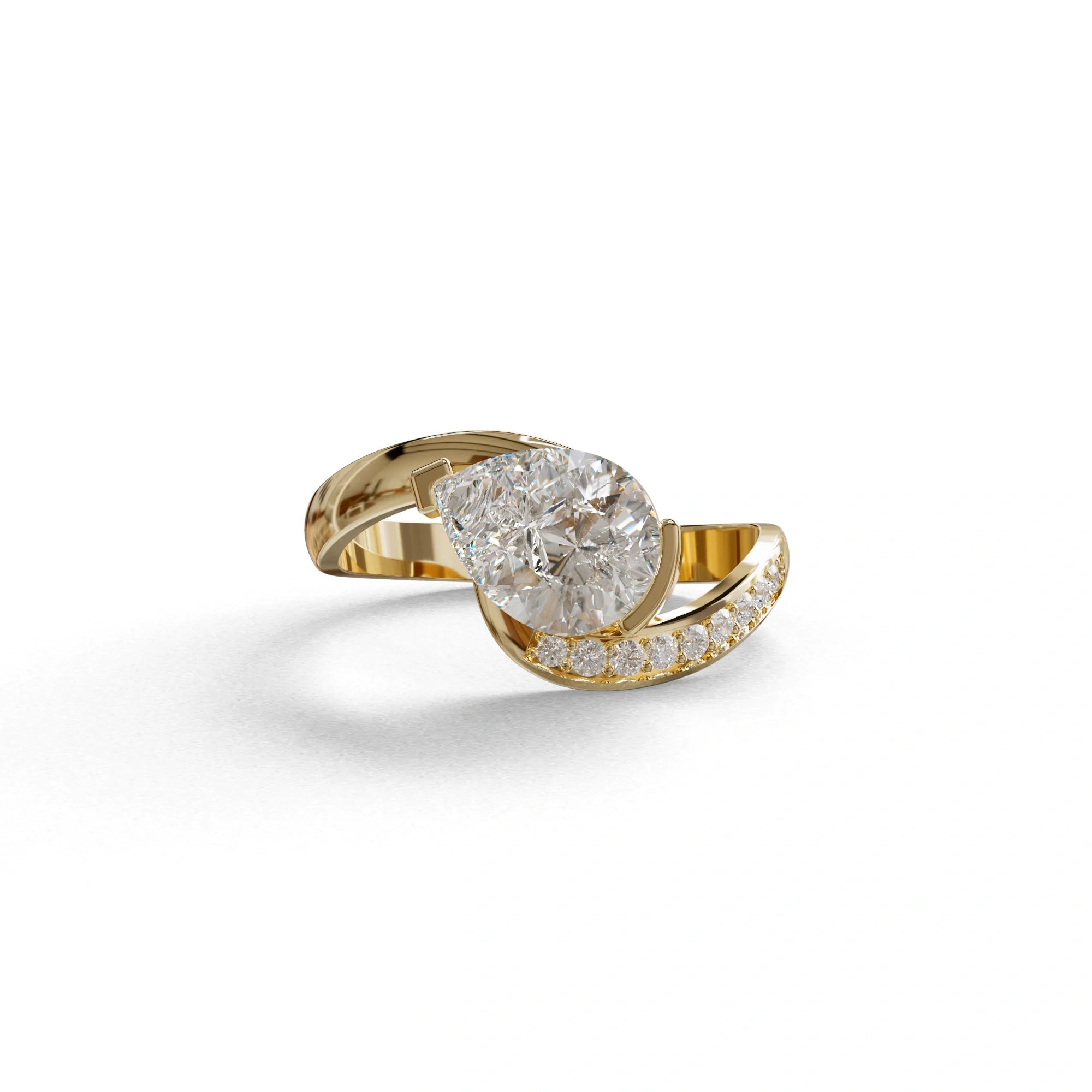 1 Carat E VVS Pear Cut Unique Lab Grown Diamond Ring - Capricorn - 10K Solid Gold / Yellow Gold