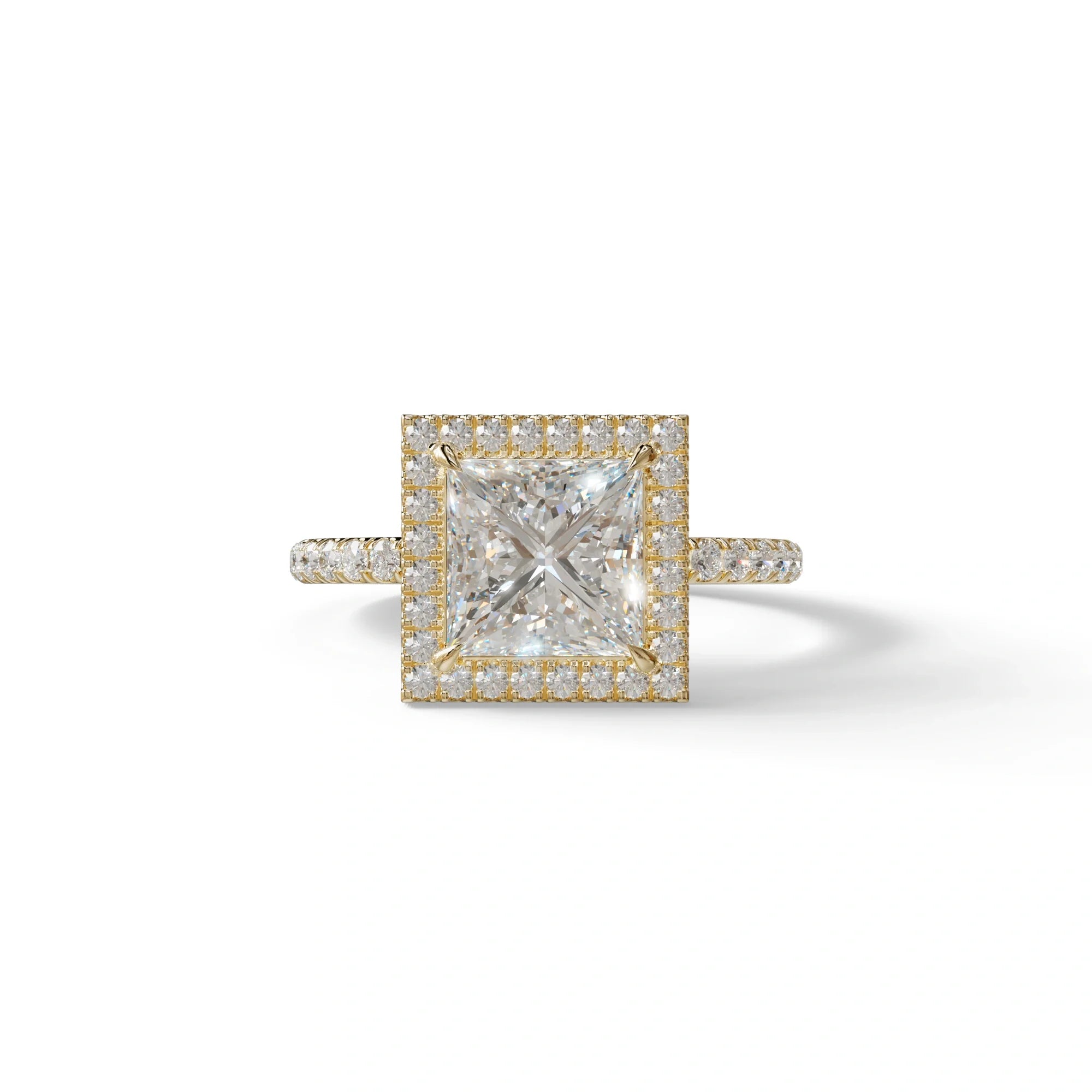 2 Carat E VVS Princess Cut Halo & Pave Lab Diamond Ring - Diamond Prime - 10K Solid Gold / Yellow Gold