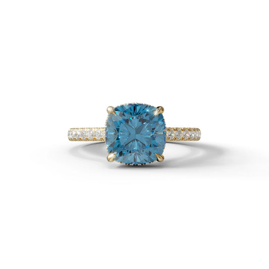 2.5 Carat Blue Cushion Cut Hidden Halo & Pave Lab Diamond Ring - Éblouissant - 10K Solid Gold / Yellow Gold