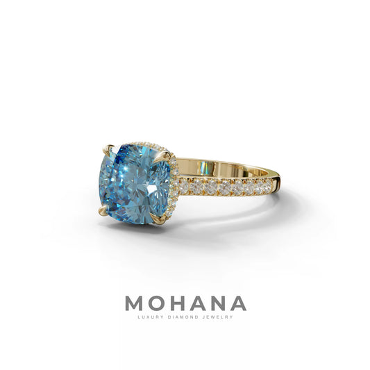 2.5 Carat Blue Cushion Cut Hidden Halo & Pave Lab Diamond Ring - Éblouissant