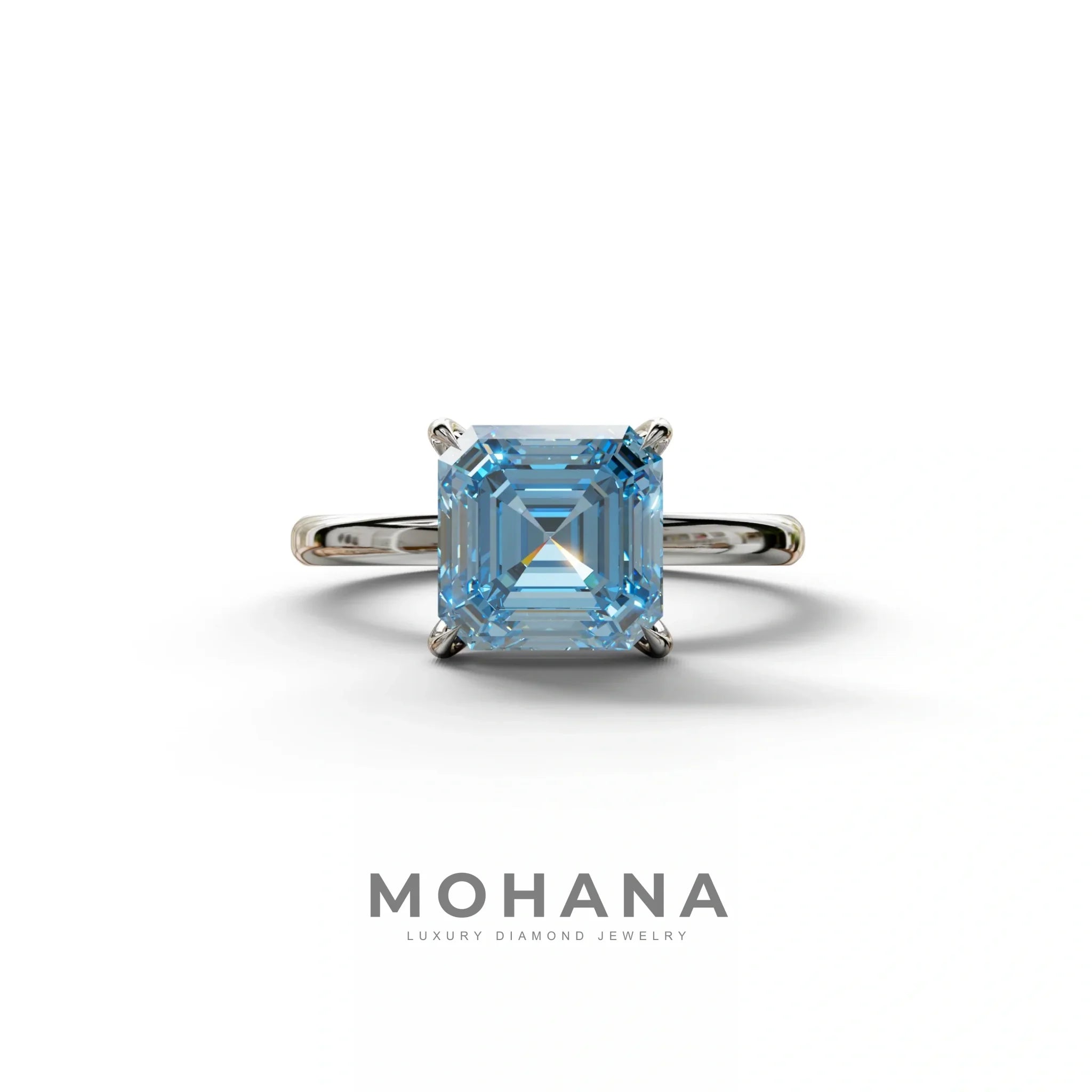 Fancy Blue Asscher Cut Solitaire Lab Grown Diamond Engagement Ring - Fabriciana - 2 Carat / 10K Solid Gold / White Gold