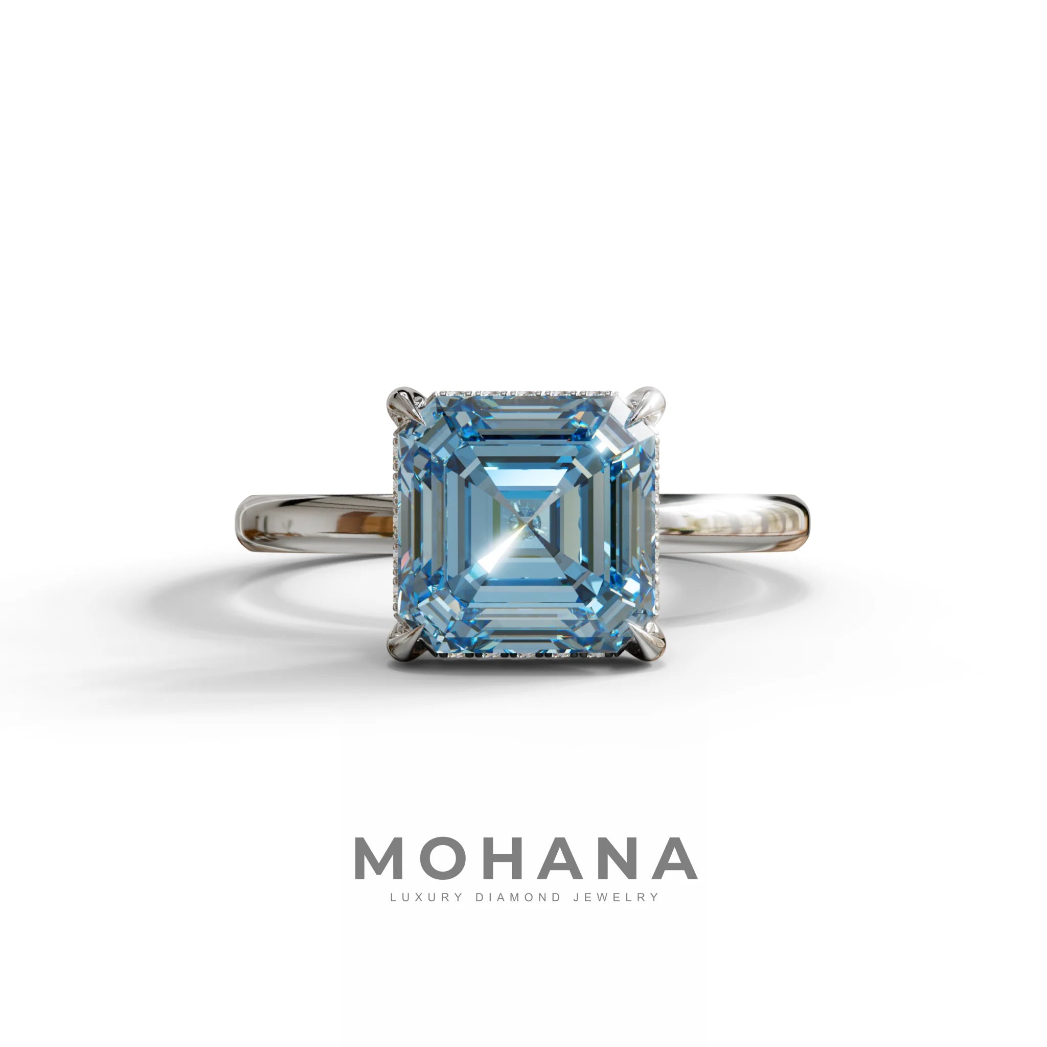 2.5 Carat Blue Asscher Cut Hidden Halo Setting Lab Grown Diamond Ring - 10K Solid Gold / White Gold