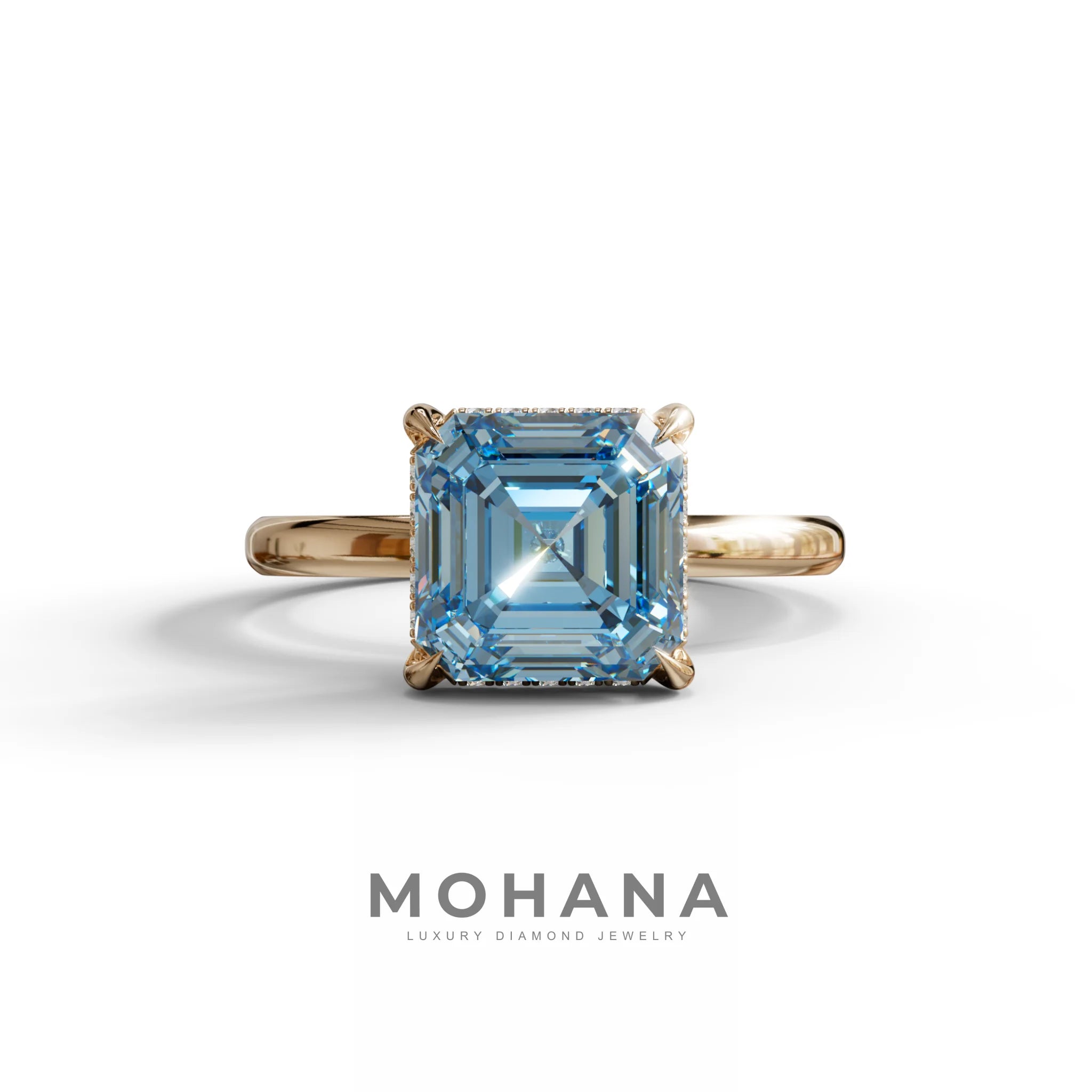 2.5 Carat Blue Asscher Cut Hidden Halo Setting Lab Grown Diamond Ring - 10K Solid Gold / Rose Gold