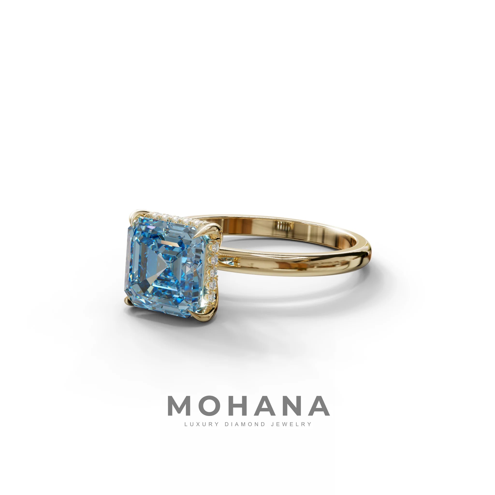 2.5 Carat Blue Asscher Cut Hidden Halo Setting Lab Grown Diamond Ring