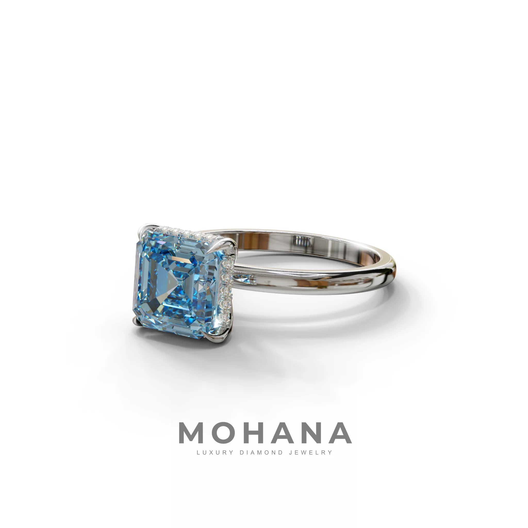 2.5 Carat Blue Asscher Cut Hidden Halo Setting Lab Grown Diamond Ring