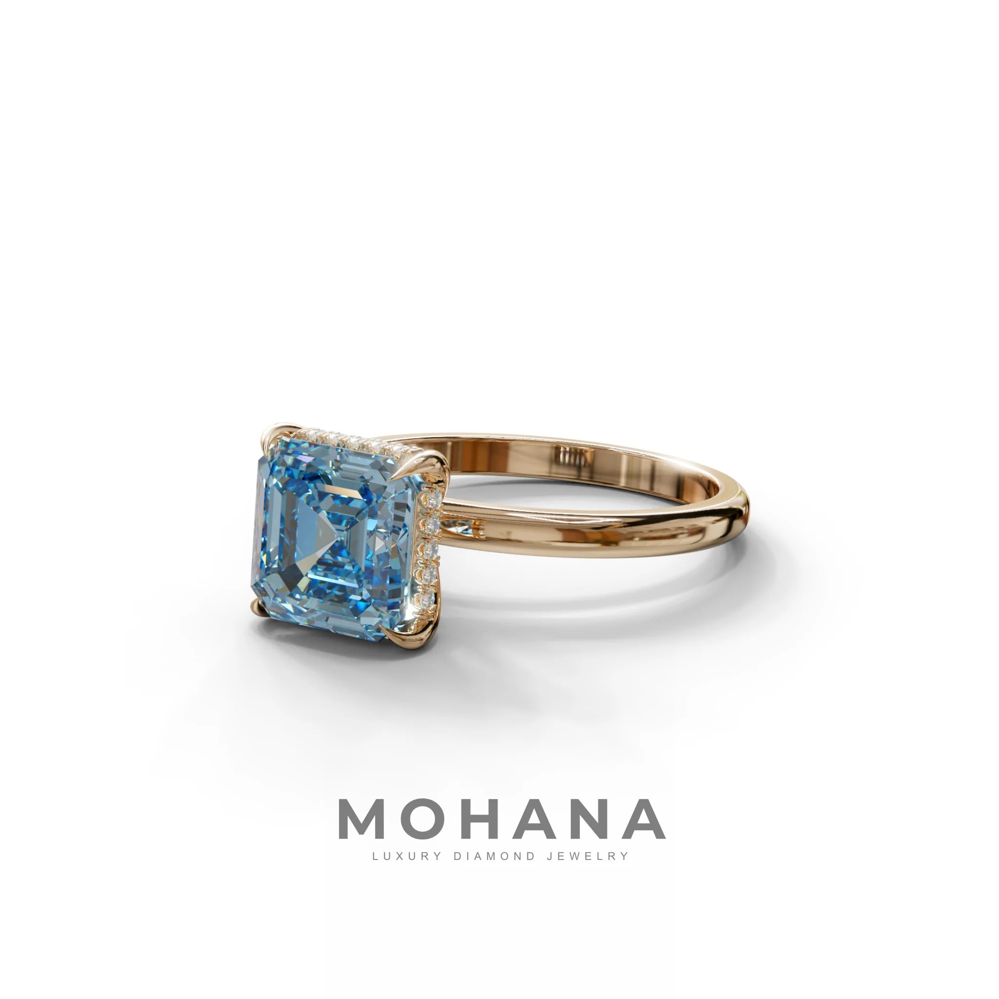 2.5 Carat Blue Asscher Cut Hidden Halo Setting Lab Grown Diamond Ring