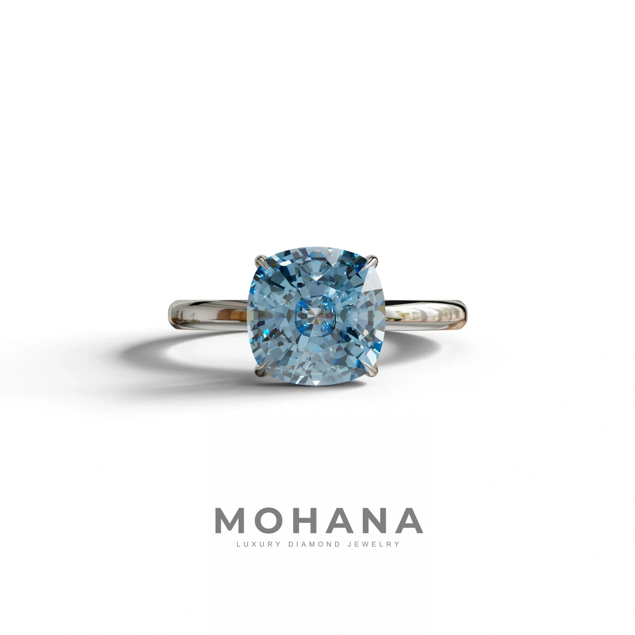 Fancy Blue Cushion Cut Solitaire Lab Grown Diamond Engagement Ring Mesmera - 2 Carat / 10K Solid Gold / White Gold