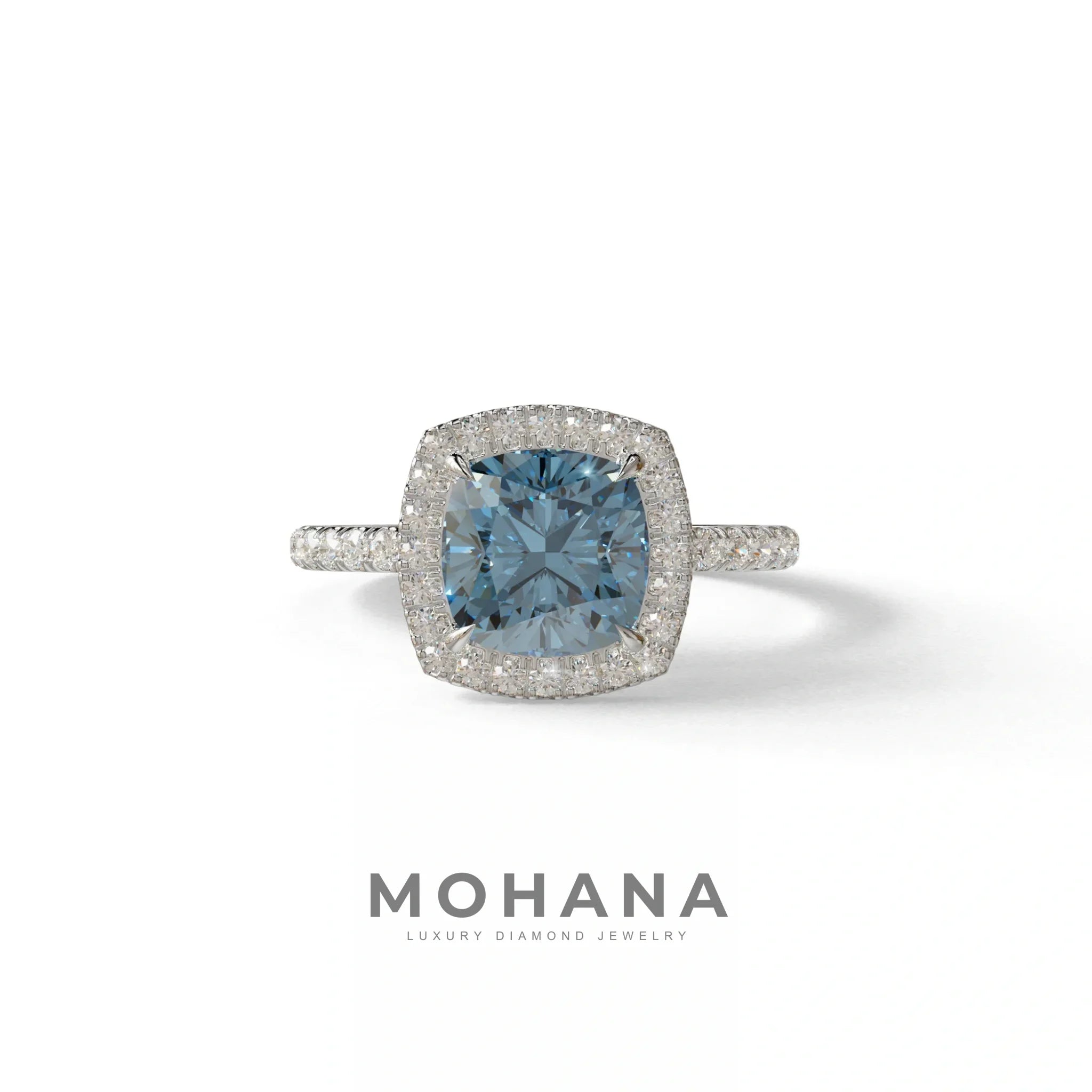 Blue Cushion Cut Halo & Pave Lab Grown Diamond Engagement Ring - Rosa - 2 Carat / 10K Solid Gold / White Gold
