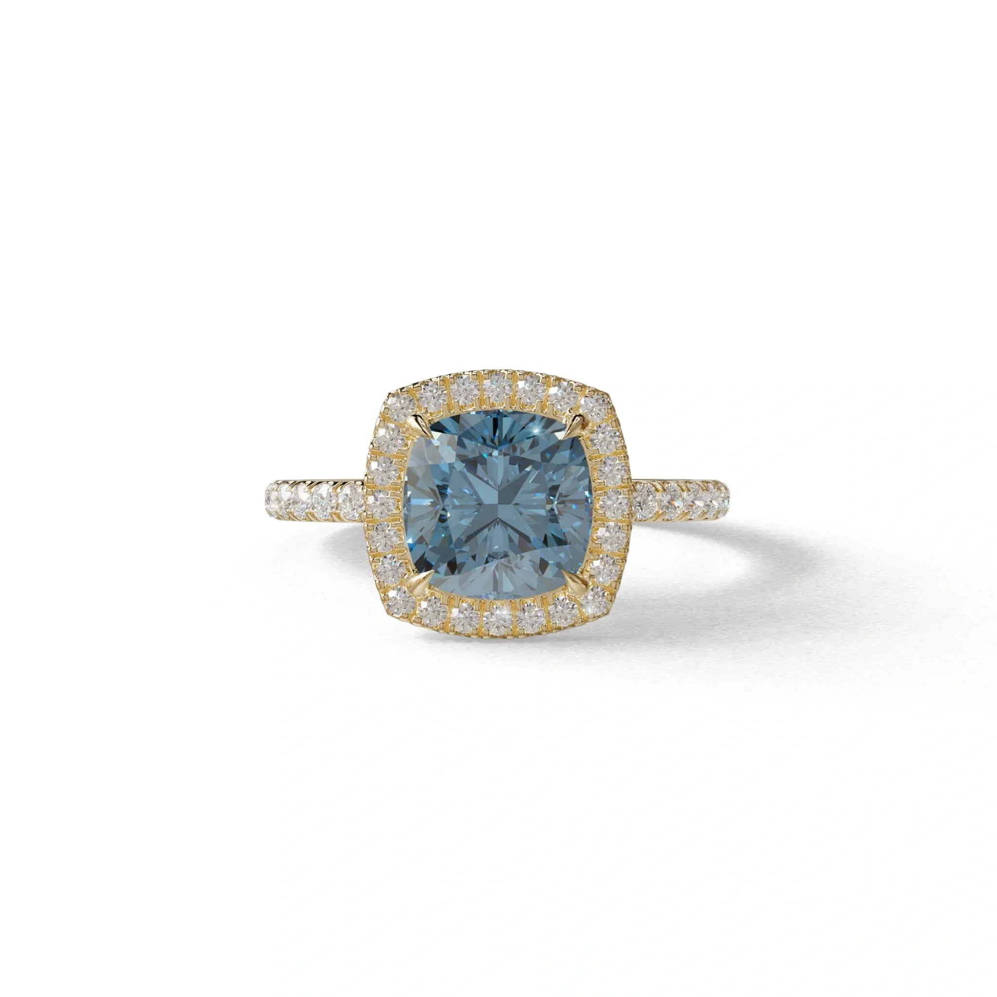 Blue Cushion Cut Halo & Pave Lab Grown Diamond Engagement Ring - Rosa - 2 Carat / 10K Solid Gold / Yellow Gold